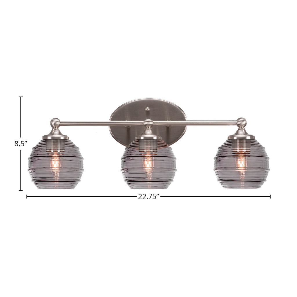 Capri Three Light Bath Bar in Brushed Nickel with 6" Smoke Ribbed Shade
