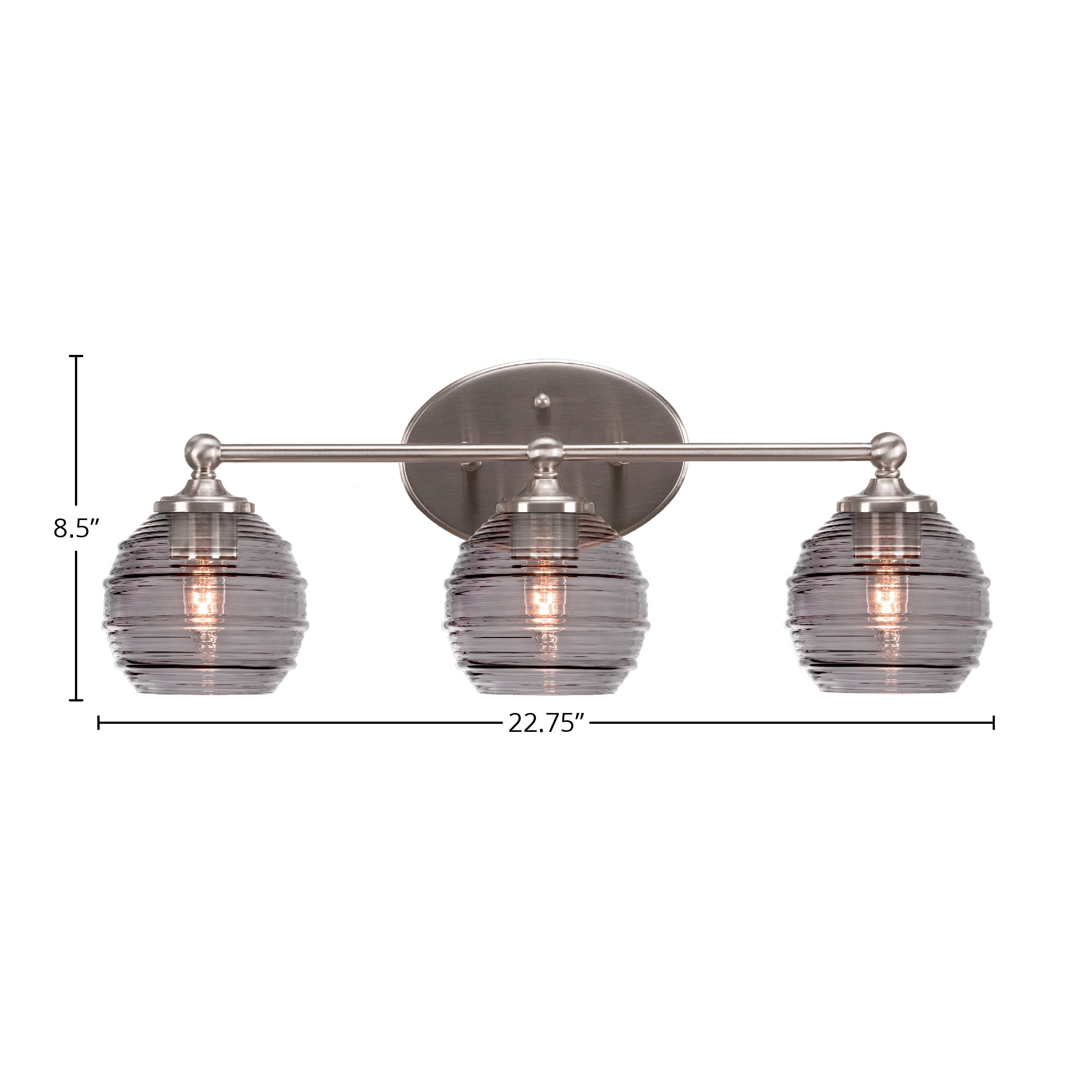 Capri Three Light Bath Bar in Brushed Nickel with 6" Smoke Ribbed Shade