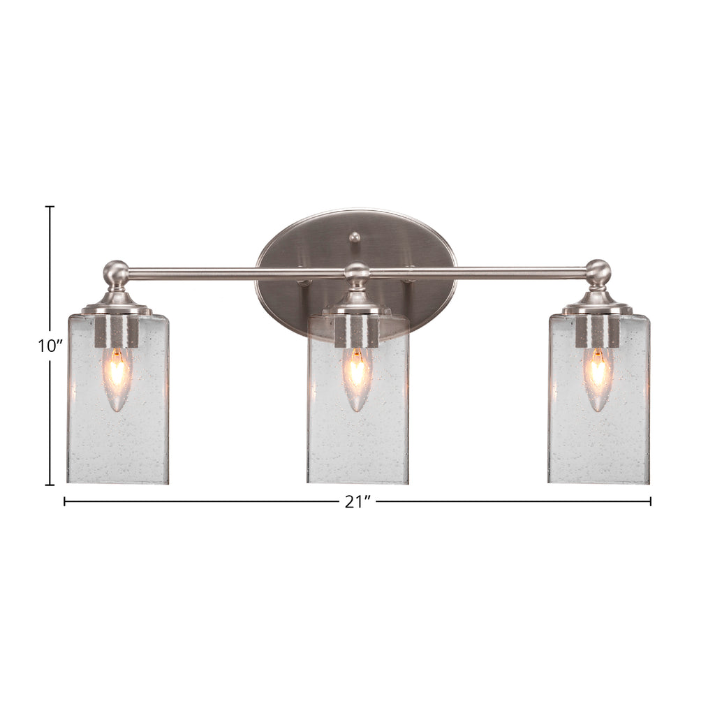 Capri Three Light Bath Bar in Brushed Nickel with 4" Square Clear Bubble Shade