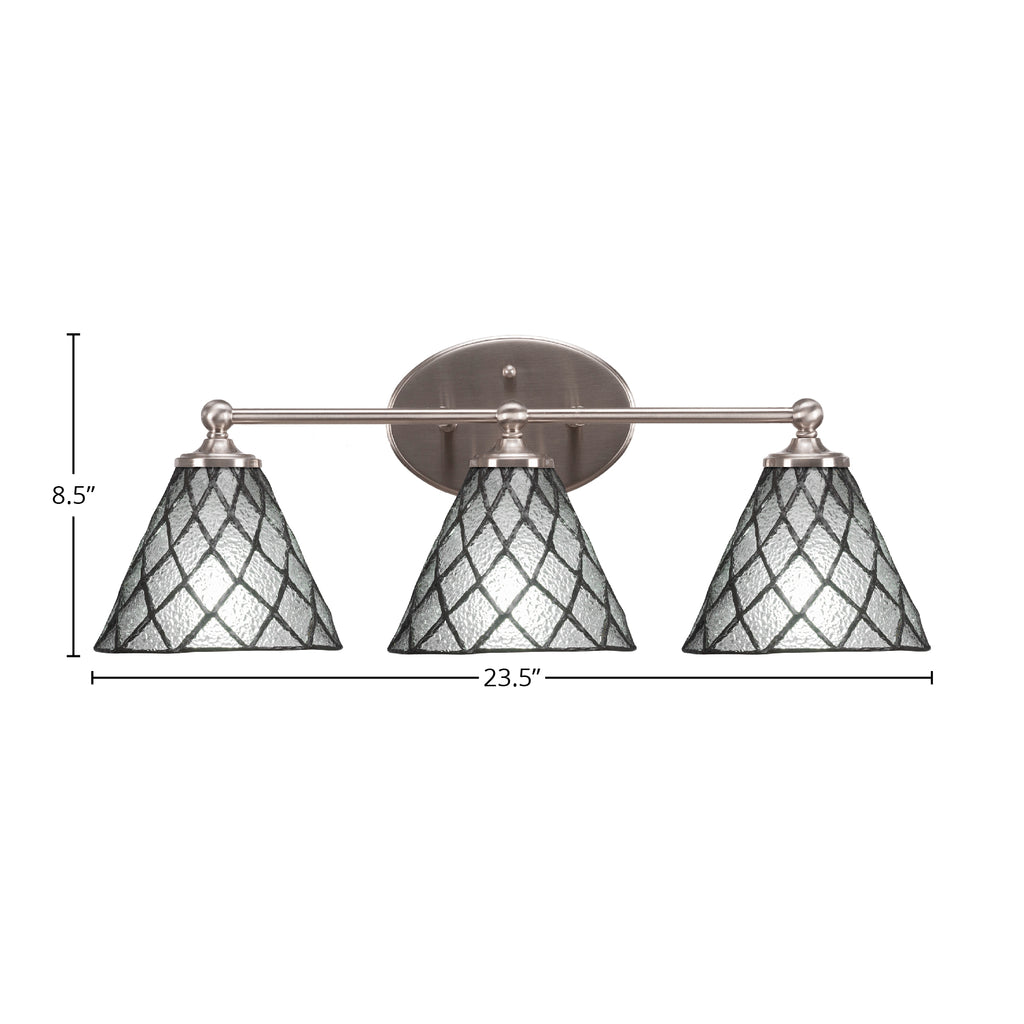 Capri Three Light Bath Bar in Brushed Nickel with 7" Diamond Ice Art Glass Shade