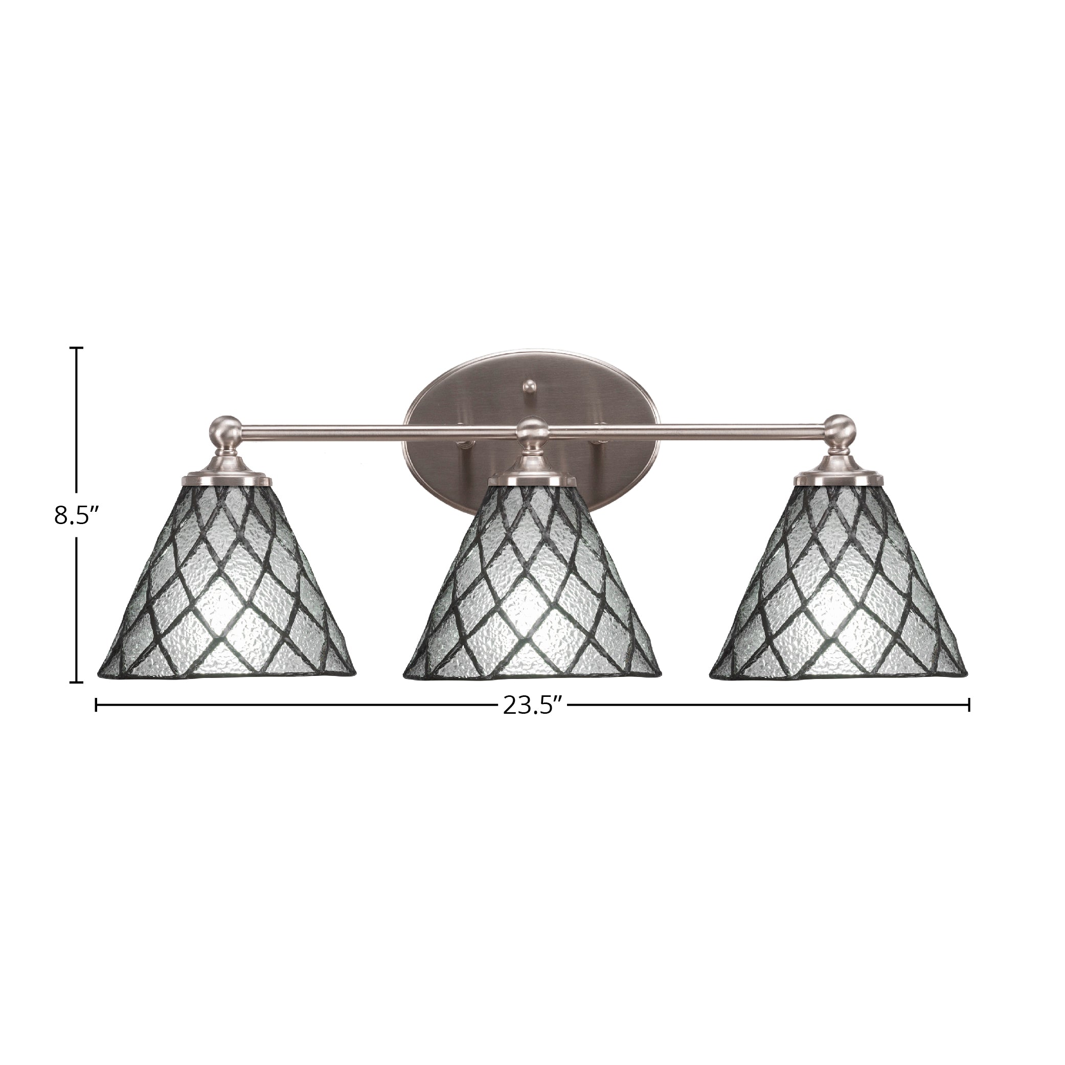 Capri Three Light Bath Bar in Brushed Nickel with 7" Diamond Ice Art Glass Shade