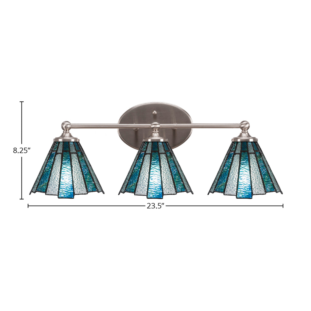 Capri Three Light Bath Bar in Brushed Nickel with 7" Sea Ice Art Glass Shade