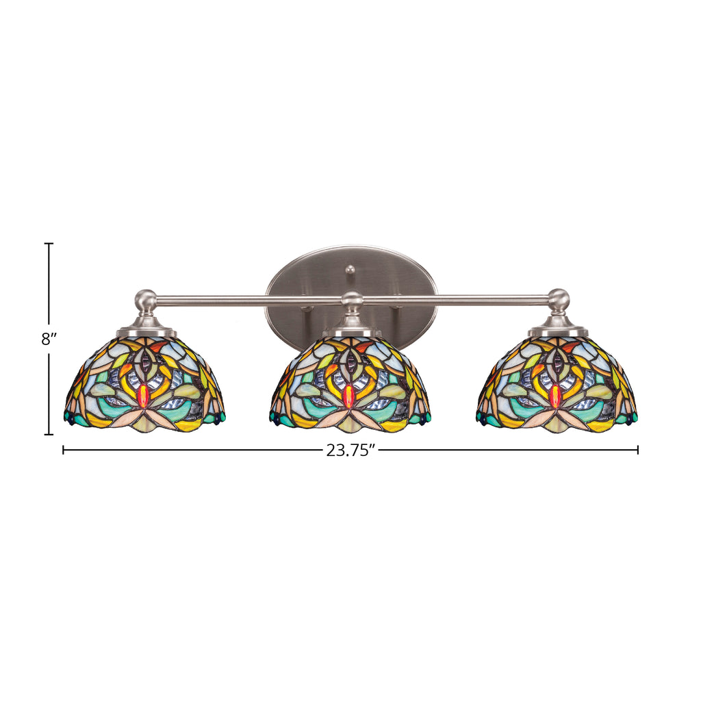 Capri Three Light Bath Bar in Brushed Nickel with 7" Kaleidoscope Art Glass Shade