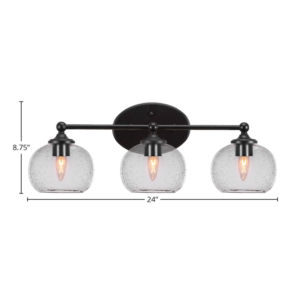 Capri Three Light Bath Bar in Matte Black with 7" Clear Bubble Shade