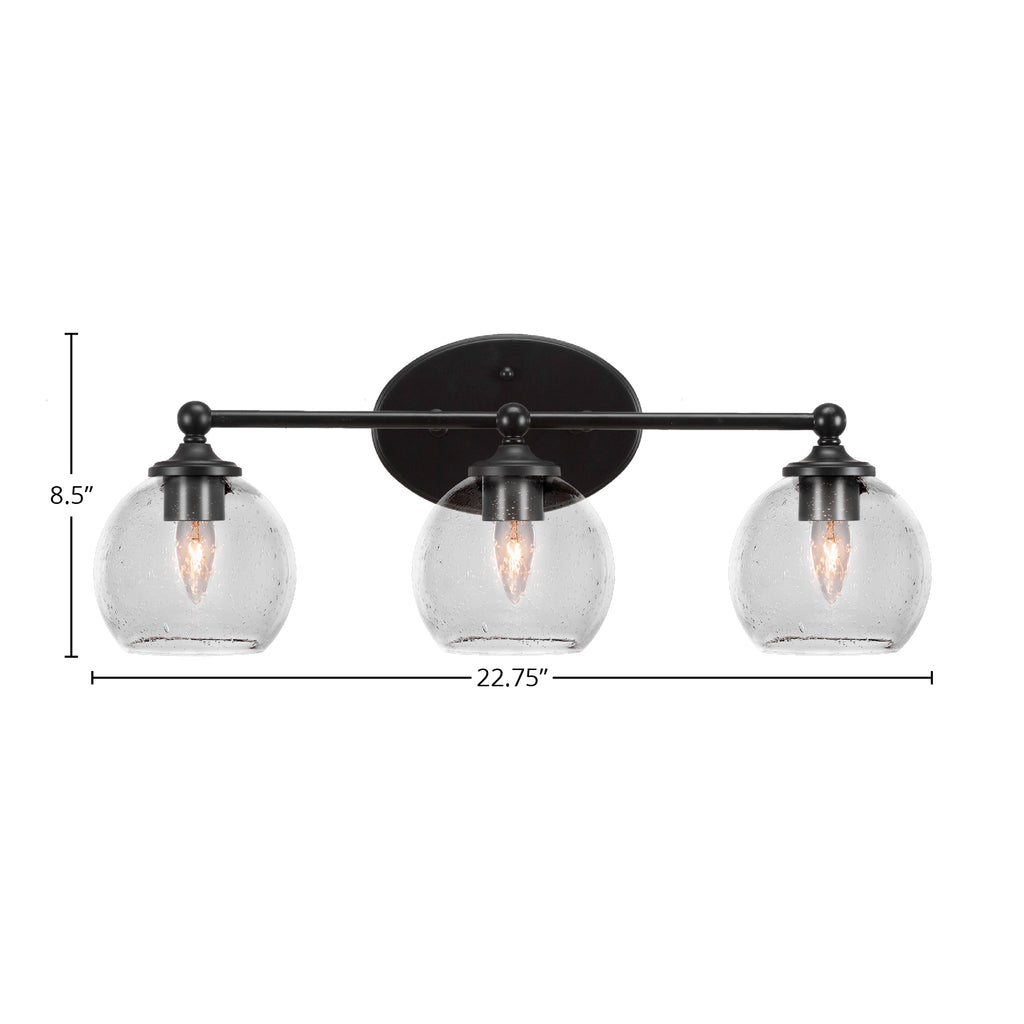 Capri Three Light Bath Bar in Matte Black with 5.75" Clear Bubble Shade