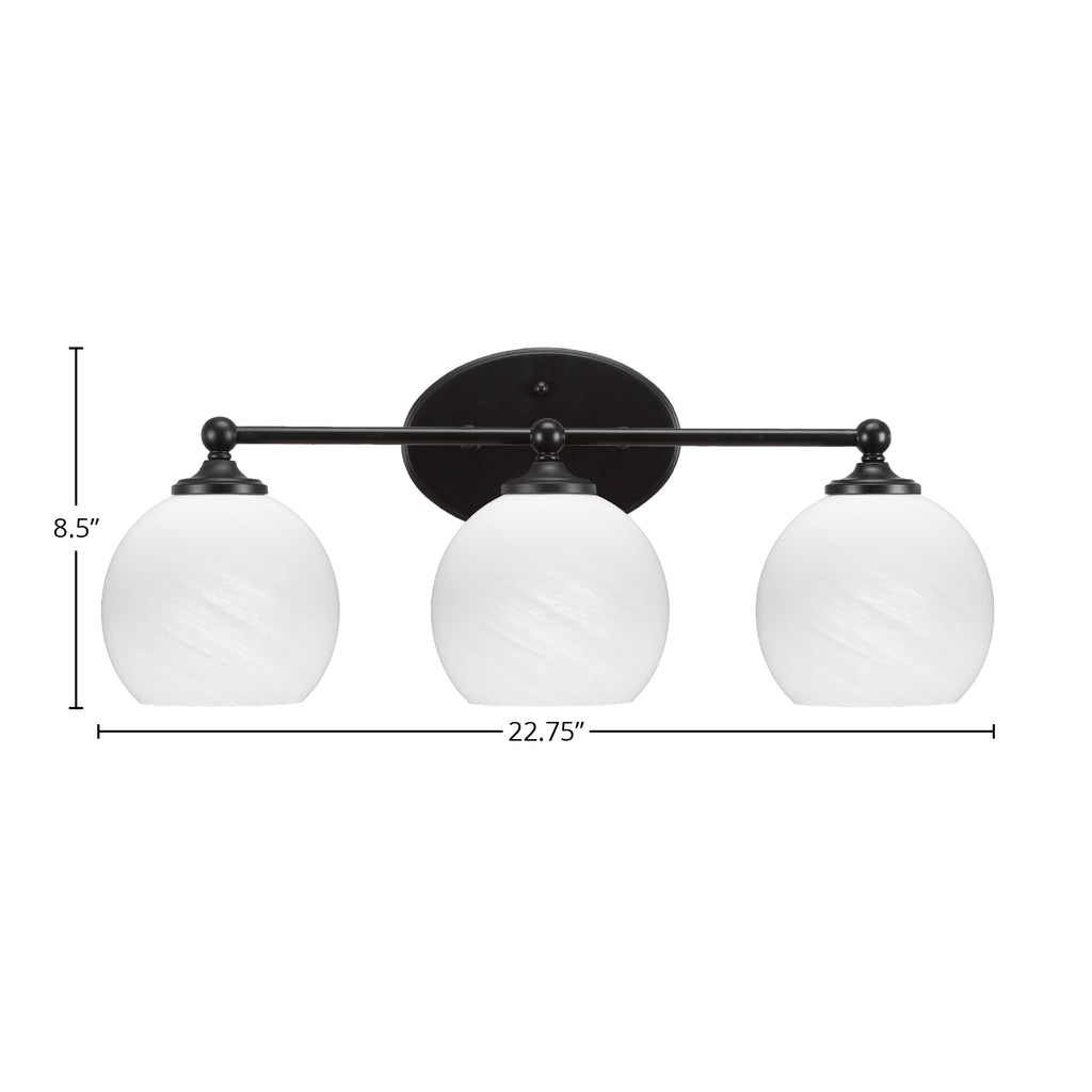 Capri Three Light Bath Bar in Matte Black with 5.75" White Marble Shade