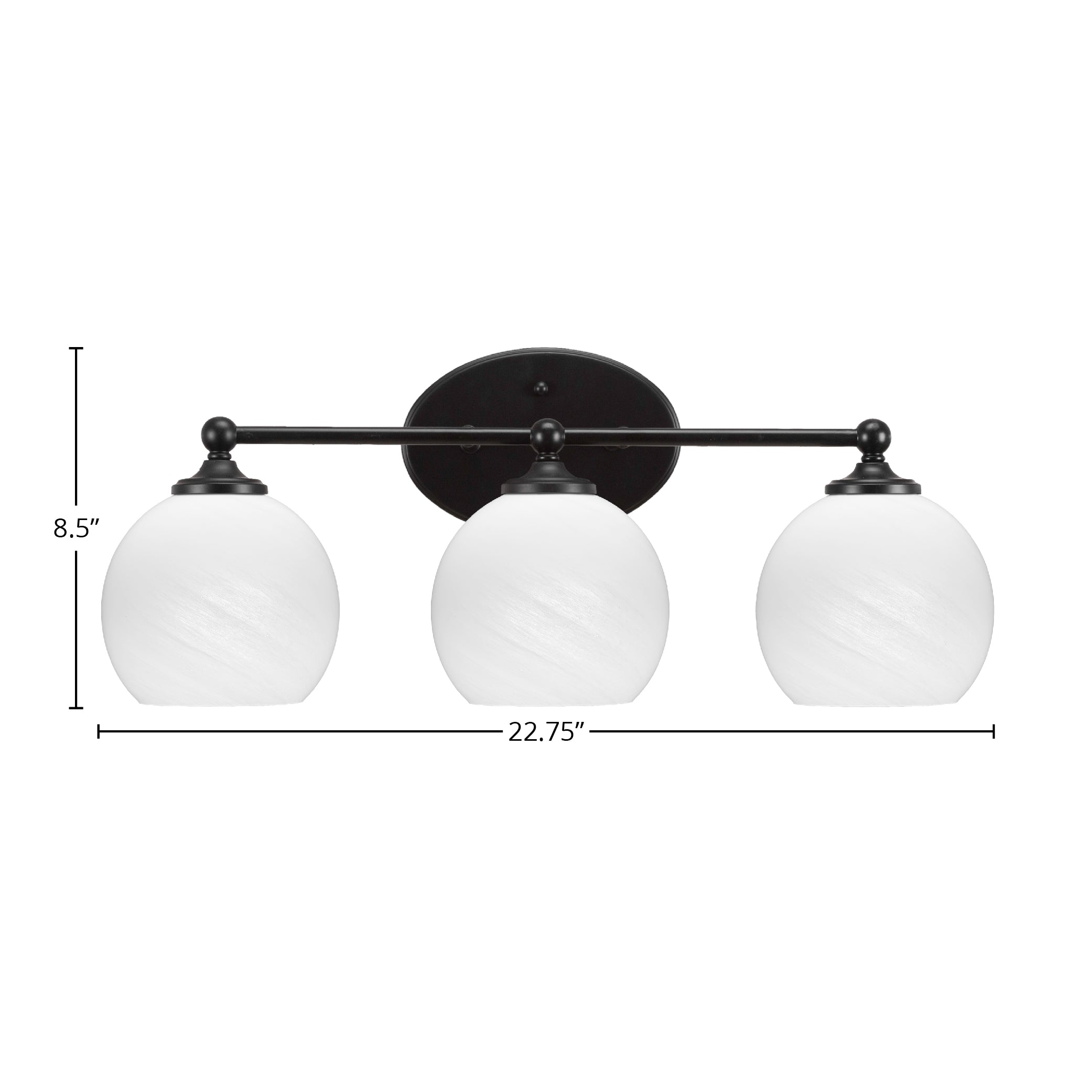Capri Three Light Bath Bar in Matte Black with 5.75" White Marble Shade