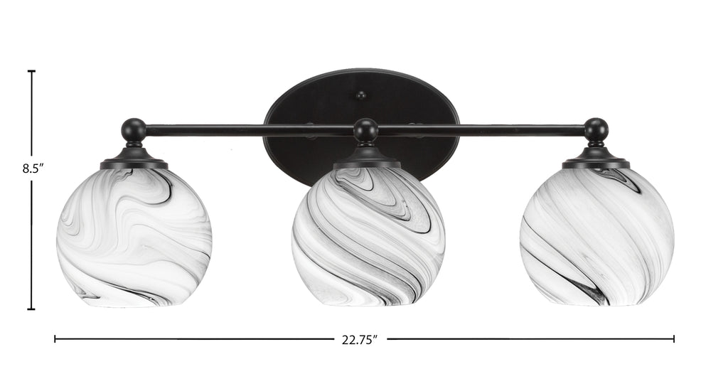 Capri Three Light Bath Bar in Matte Black with 5.75" Onyx Swirl Shade