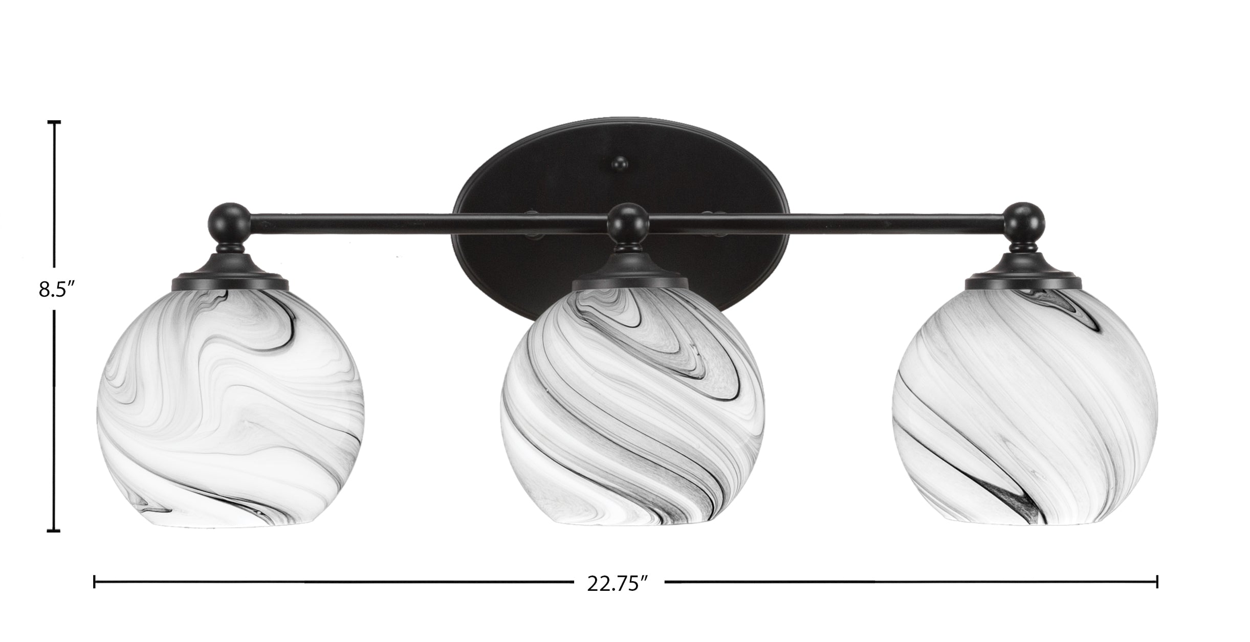 Capri Three Light Bath Bar in Matte Black with 5.75" Onyx Swirl Shade