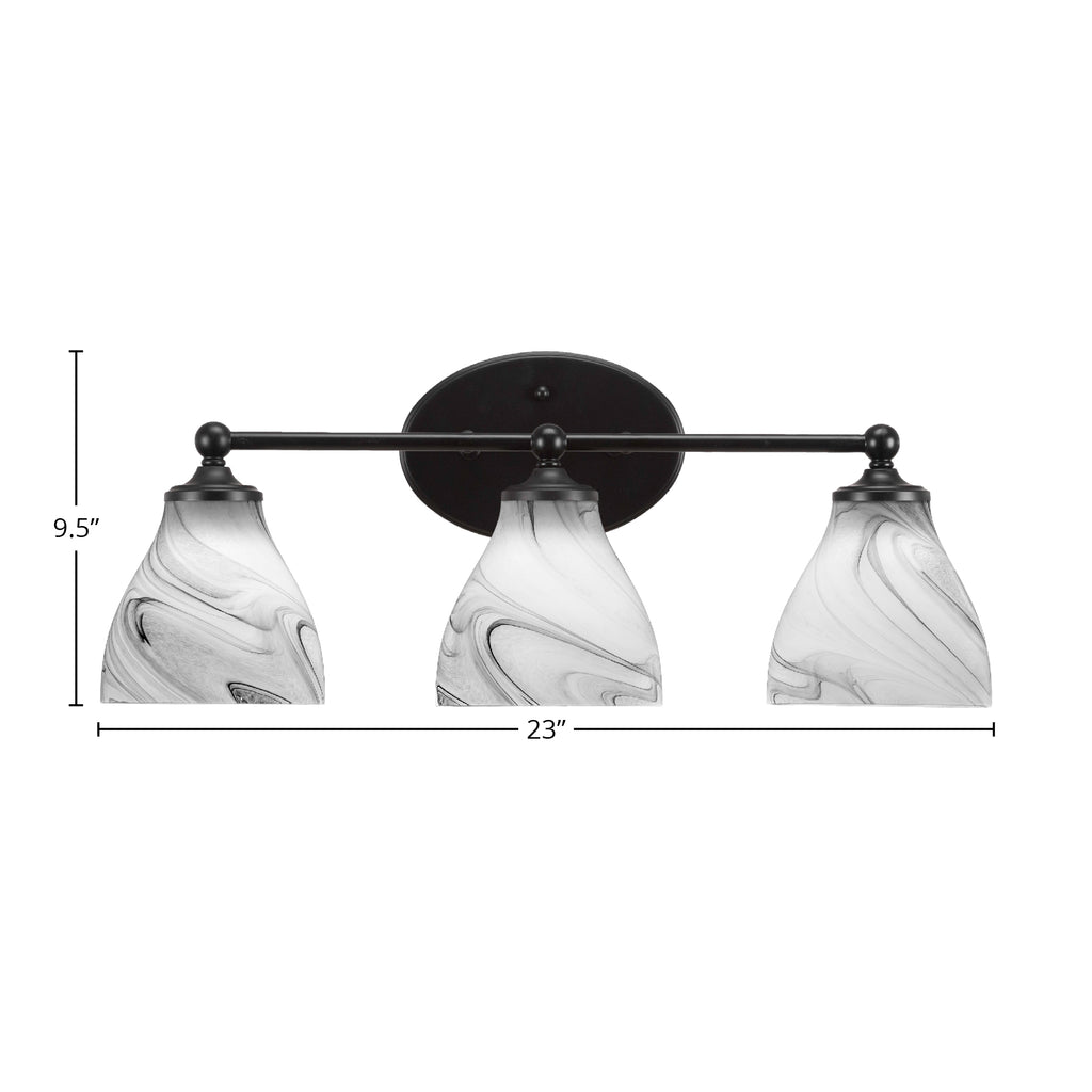 Capri Three Light Bath Bar in Matte Black with 6.25" Onyx Swirl Shade