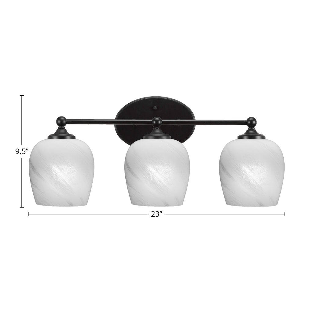 Capri Three Light Bath Bar in Matte Black with 6" White Marble Shade