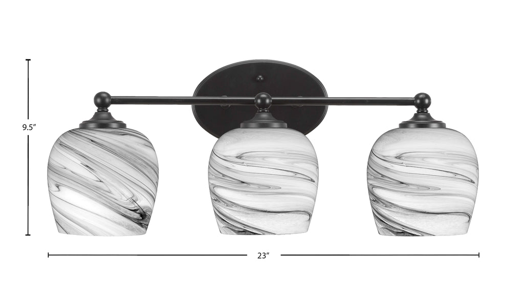 Capri Three Light Bath Bar in Matte Black with 6" Onyx Swirl Shade