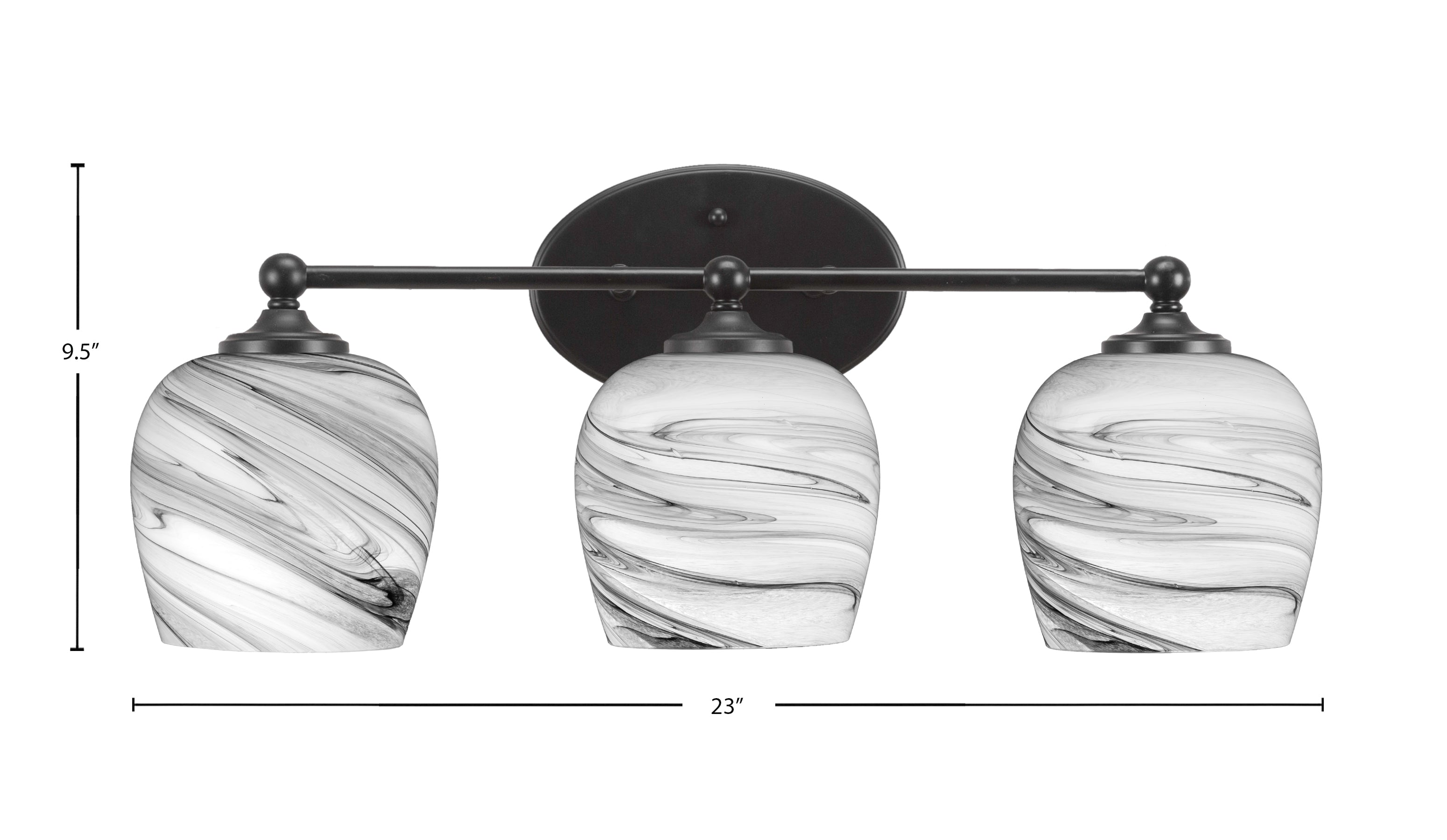 Capri Three Light Bath Bar in Matte Black with 6" Onyx Swirl Shade