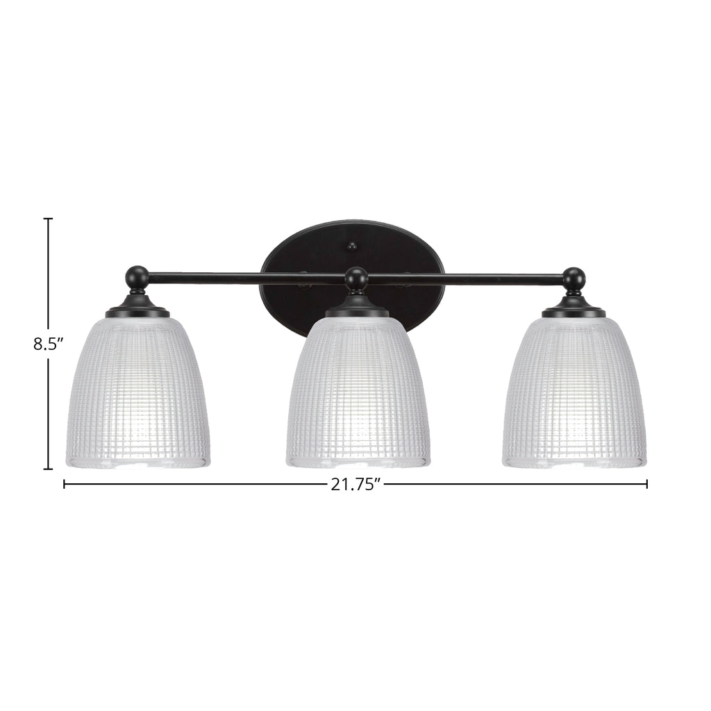 Capri Three Light Bath Bar in Matte Black with 5" Clear Ribbed Shade