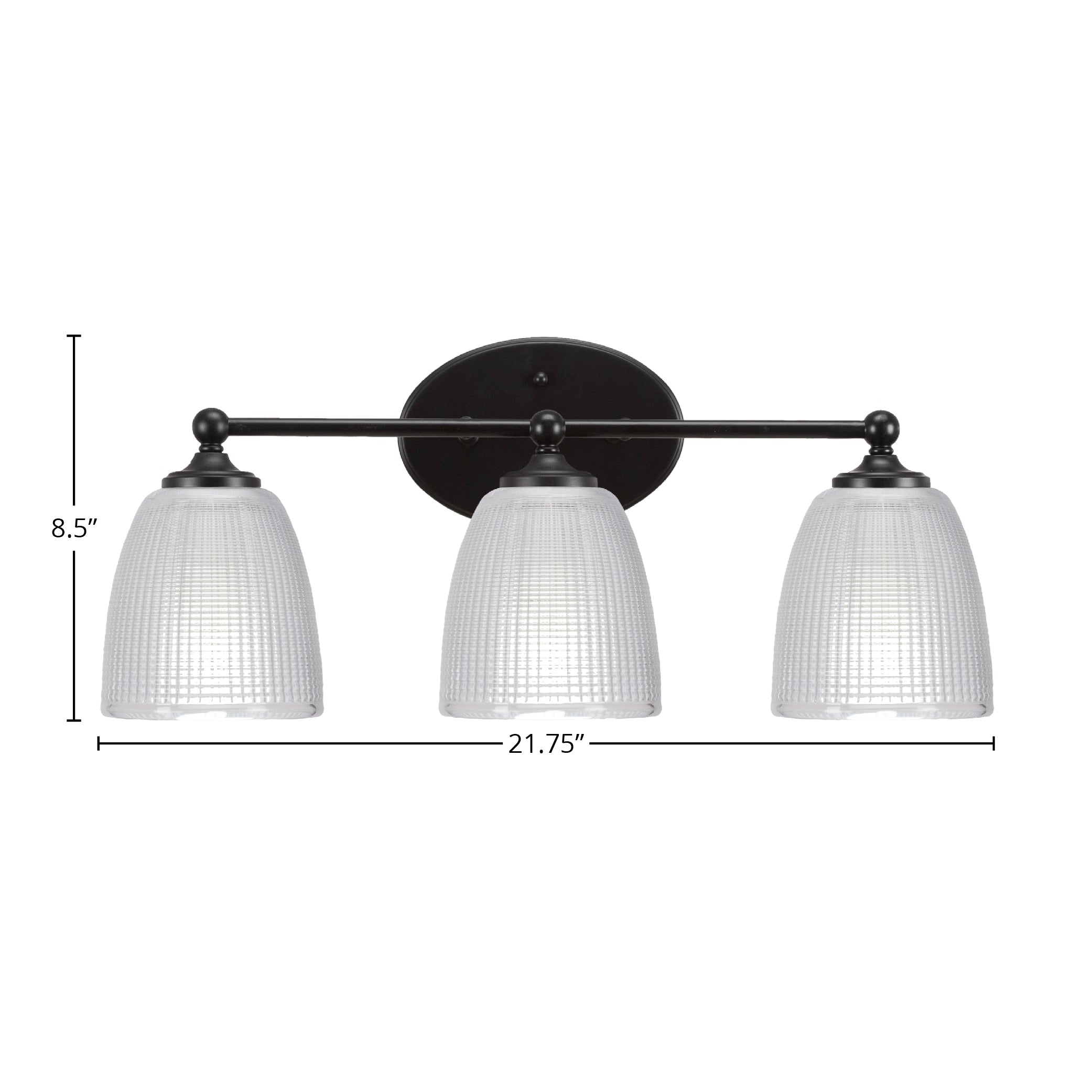 Capri Three Light Bath Bar in Matte Black with 5" Clear Ribbed Shade
