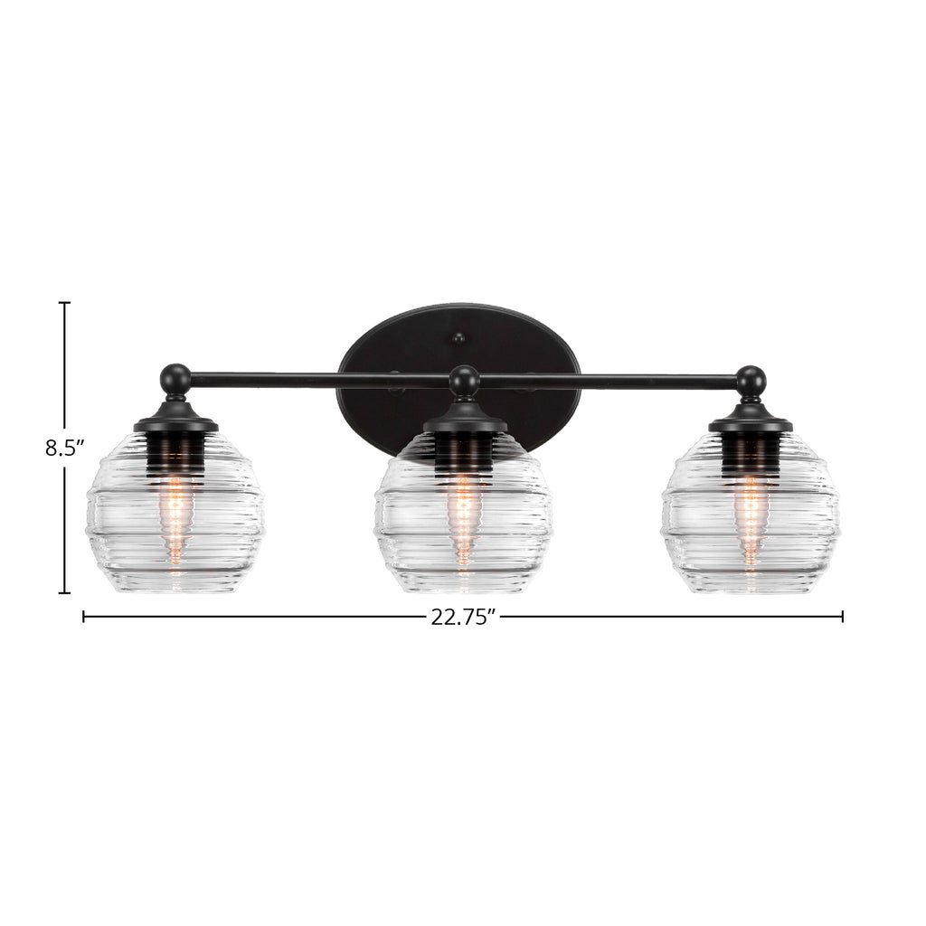 Capri Three Light Bath Bar in Matte Black with 6" Clear Ribbed Shade
