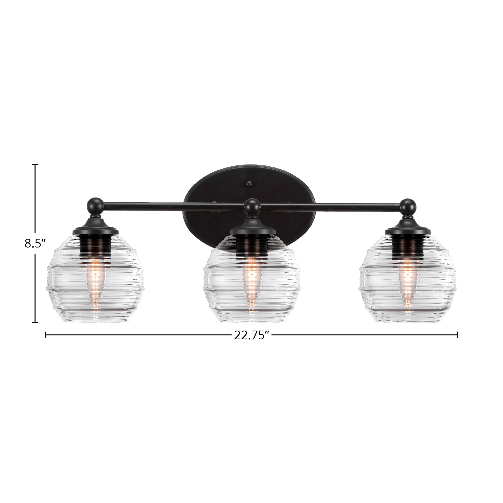 Capri Three Light Bath Bar in Matte Black with 6" Clear Ribbed Shade