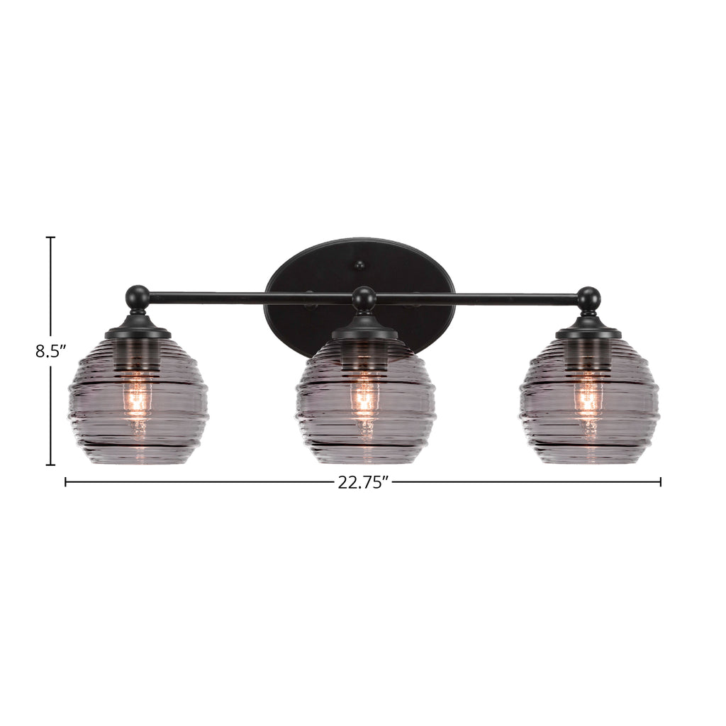 Capri Three Light Bath Bar in Matte Black with 6" Smoke Ribbed Shade