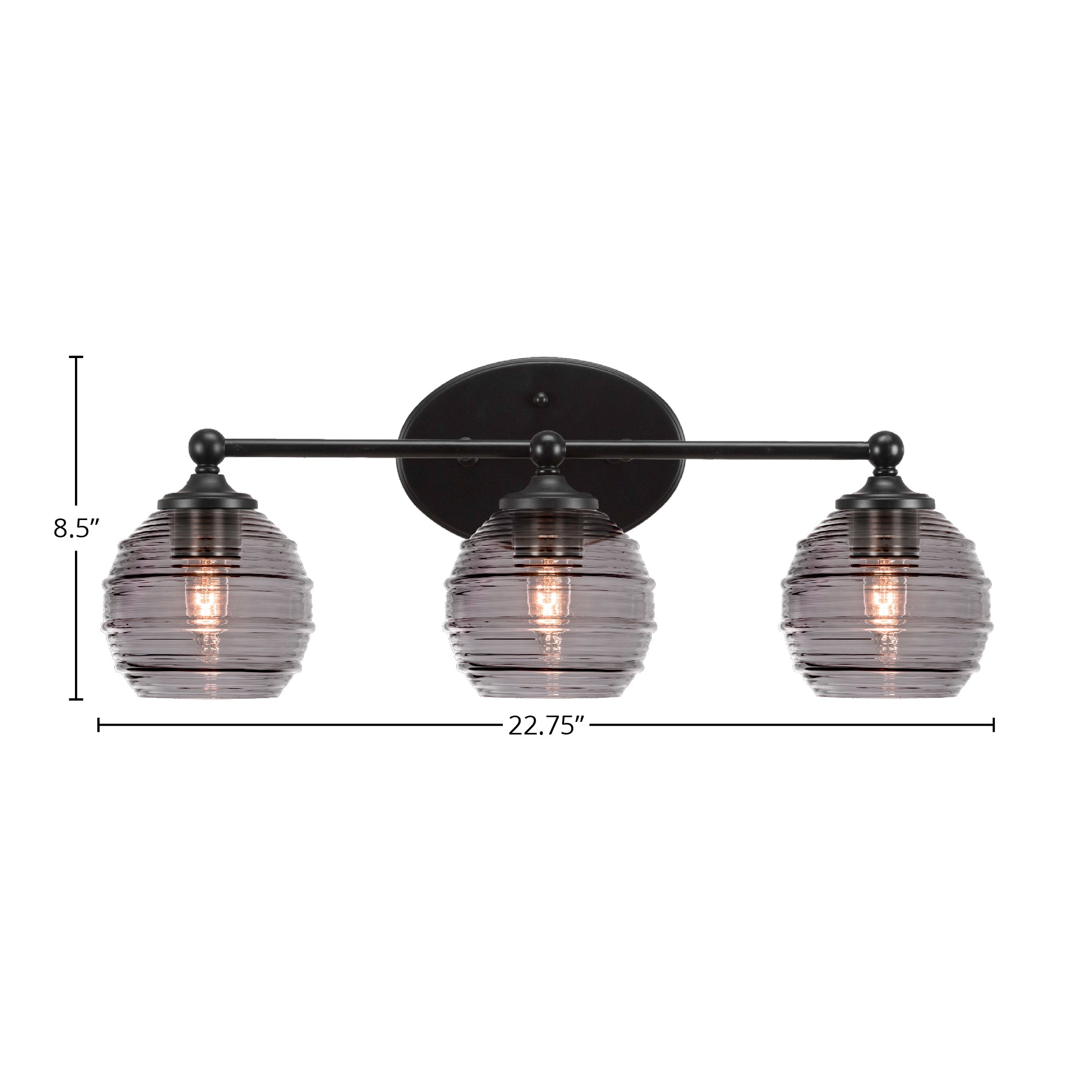 Capri Three Light Bath Bar in Matte Black with 6" Smoke Ribbed Shade