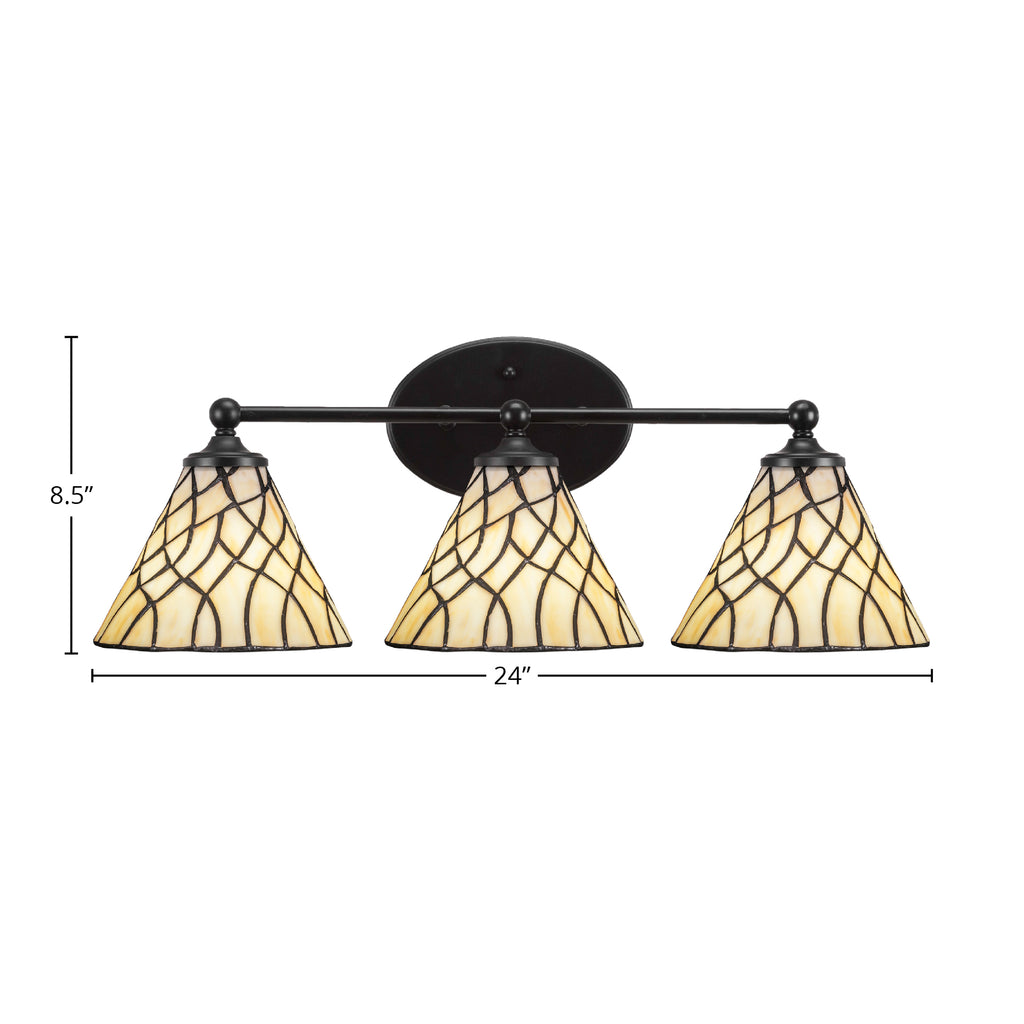 Capri Three Light Bath Bar in Matte Black with 7" Sandhill Art Glass Shade