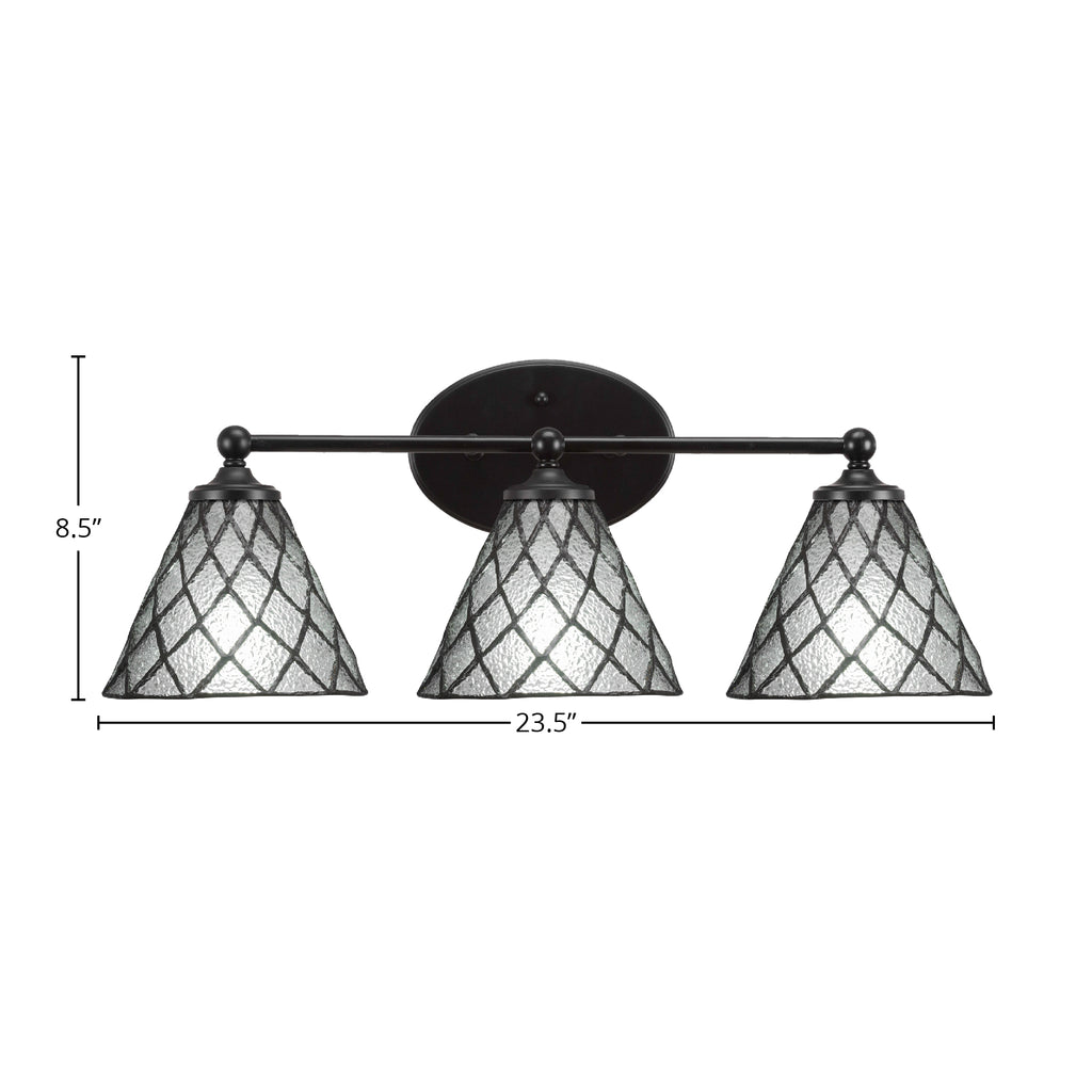 Capri Three Light Bath Bar in Matte Black with 7" Diamond Ice Art Glass Shade