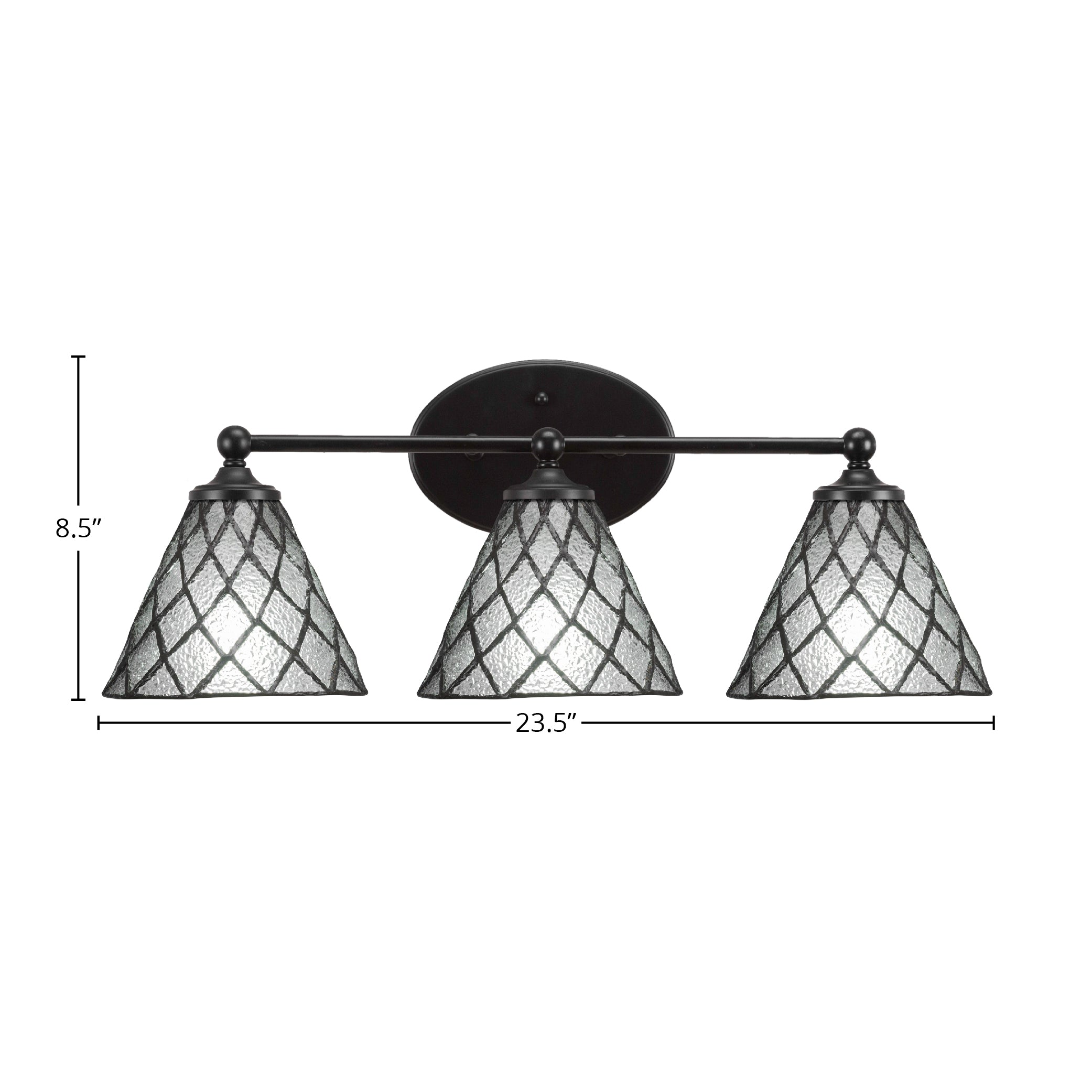 Capri Three Light Bath Bar in Matte Black with 7" Diamond Ice Art Glass Shade