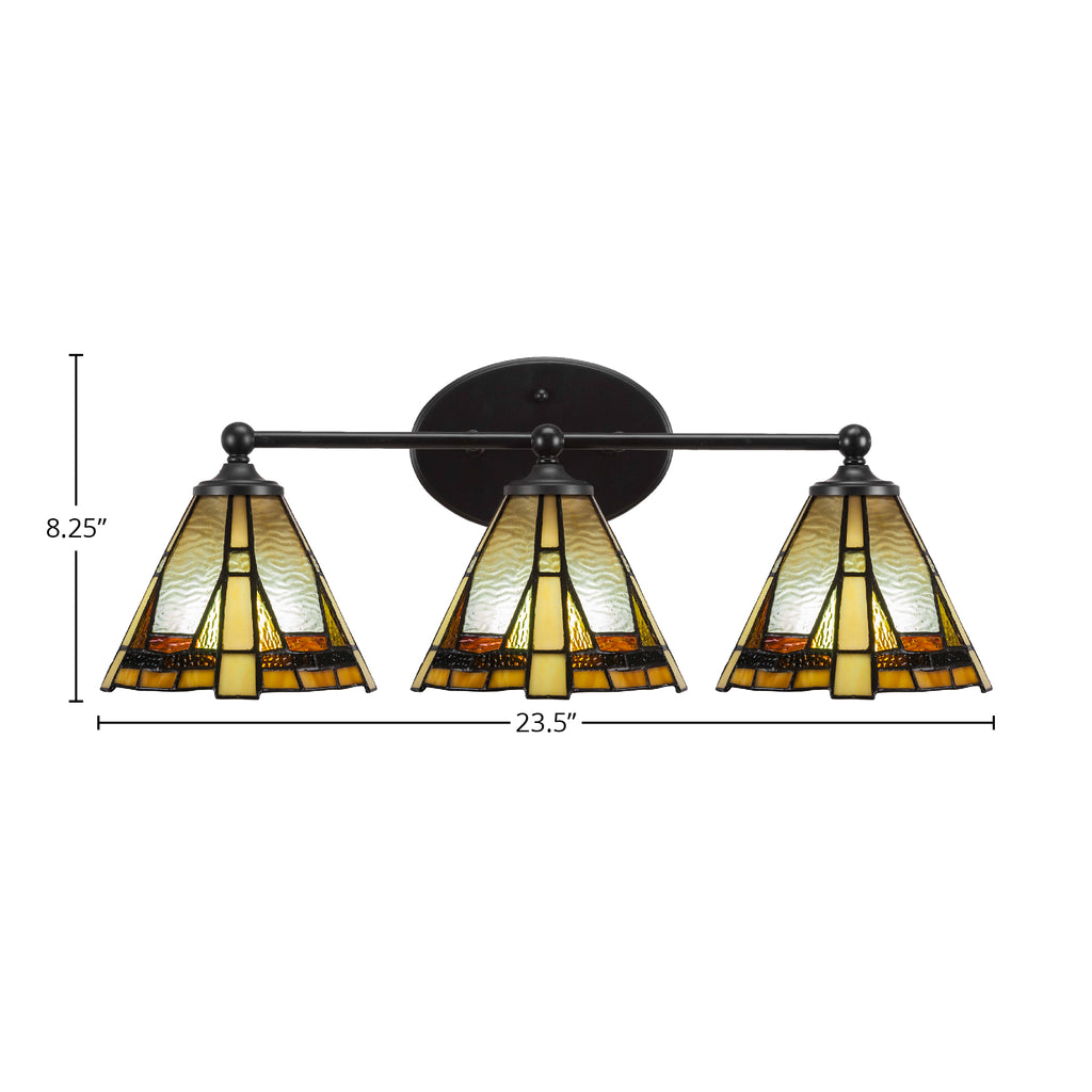 Capri Three Light Bath Bar in Matte Black with 7" Zion Art Glass Shade