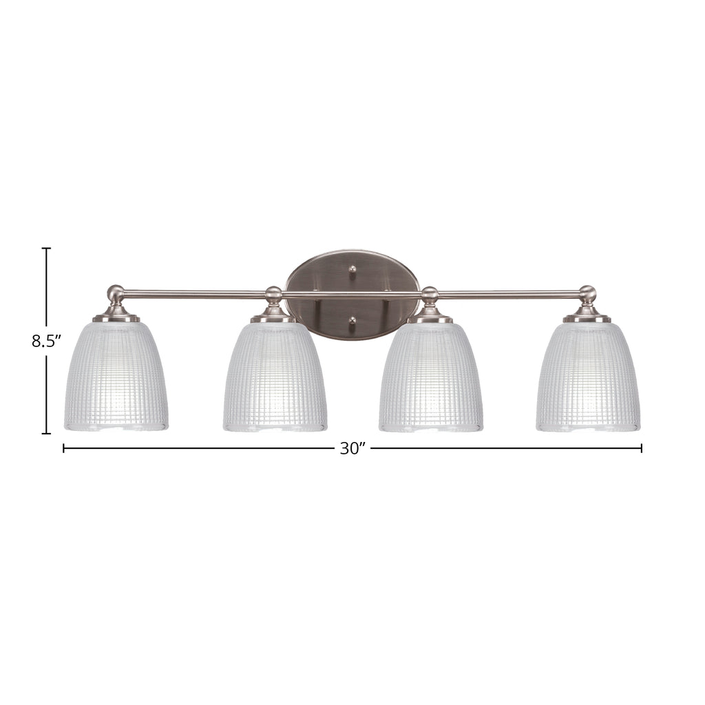 Capri Four Light Bath Bar in Brushed Nickel with 5" Clear Ribbed Shade