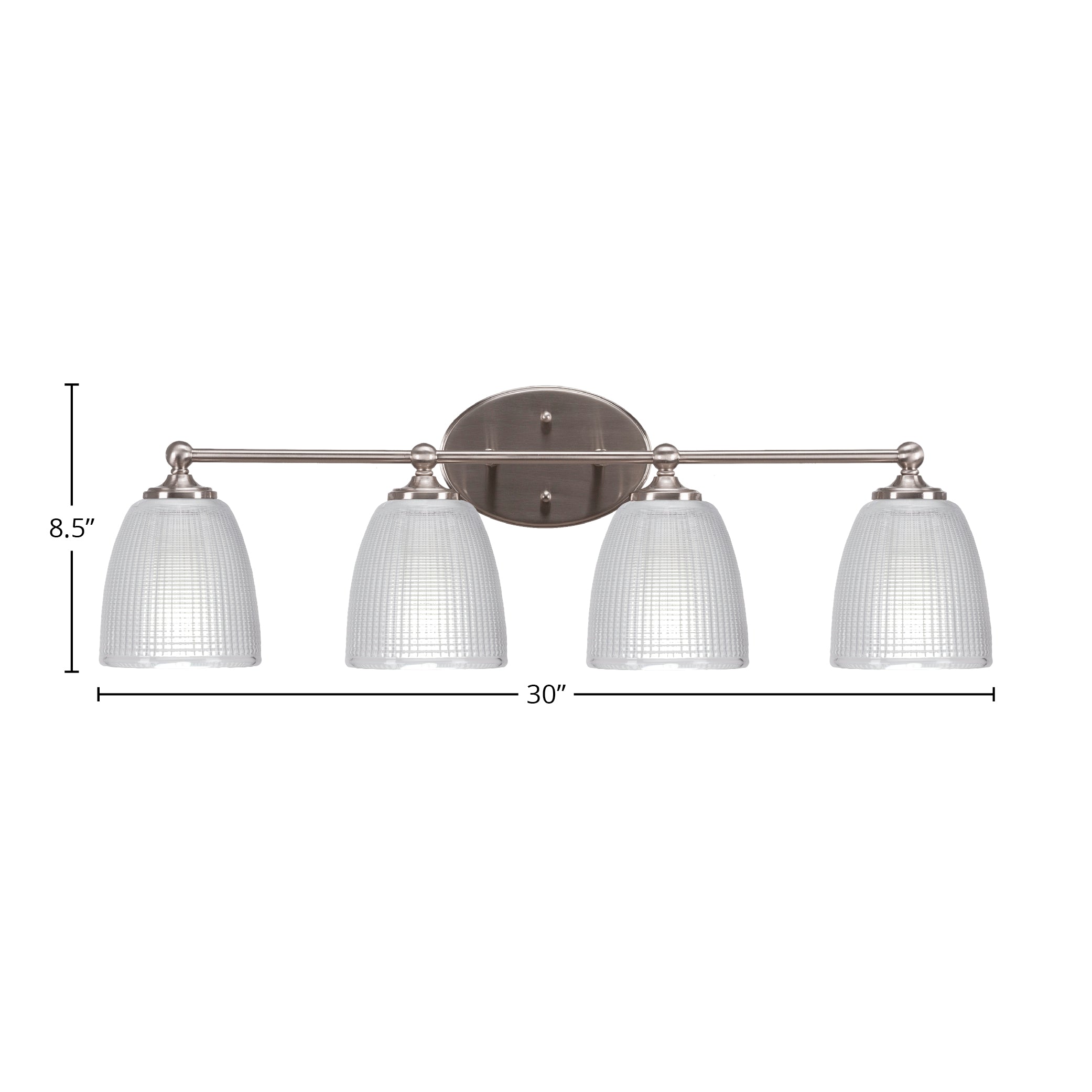Capri Four Light Bath Bar in Brushed Nickel with 5" Clear Ribbed Shade