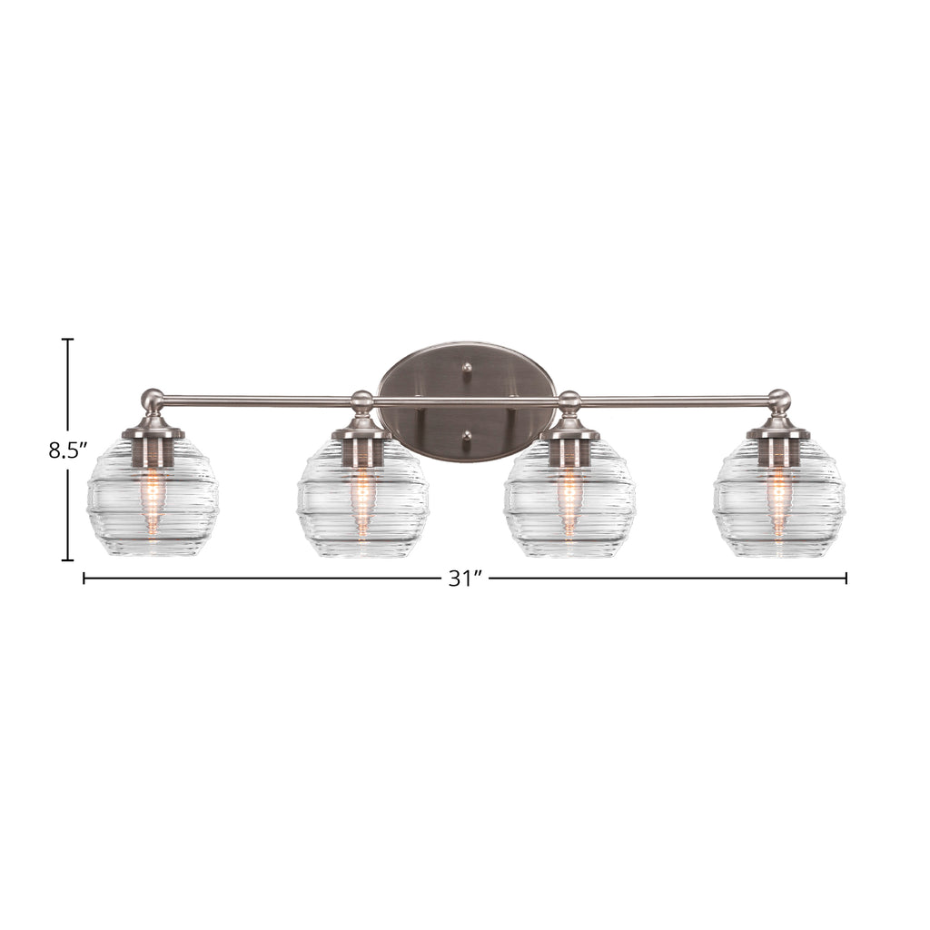 Capri Four Light Bath Bar in Brushed Nickel with 6" Clear Ribbed Shade