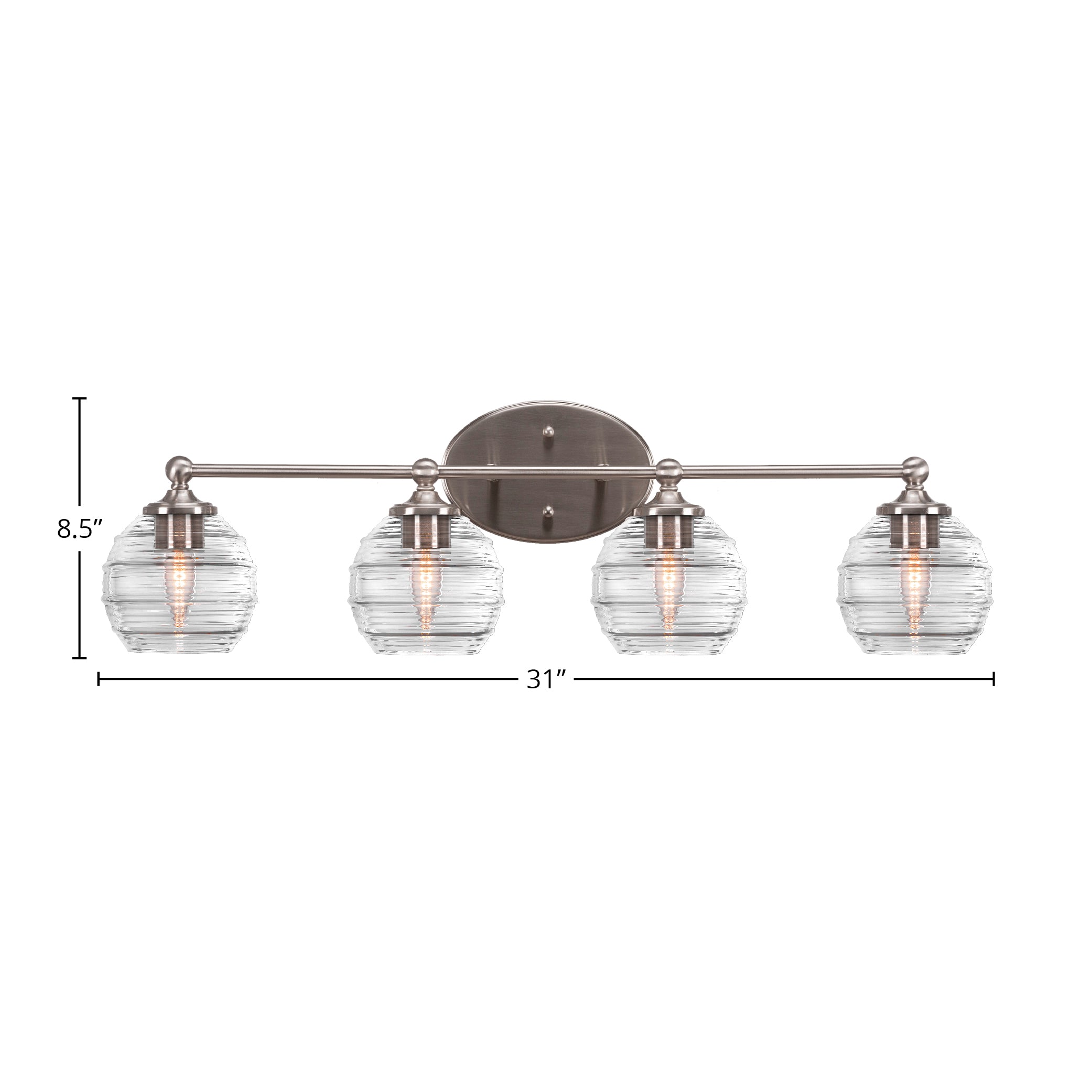 Capri Four Light Bath Bar in Brushed Nickel with 6" Clear Ribbed Shade