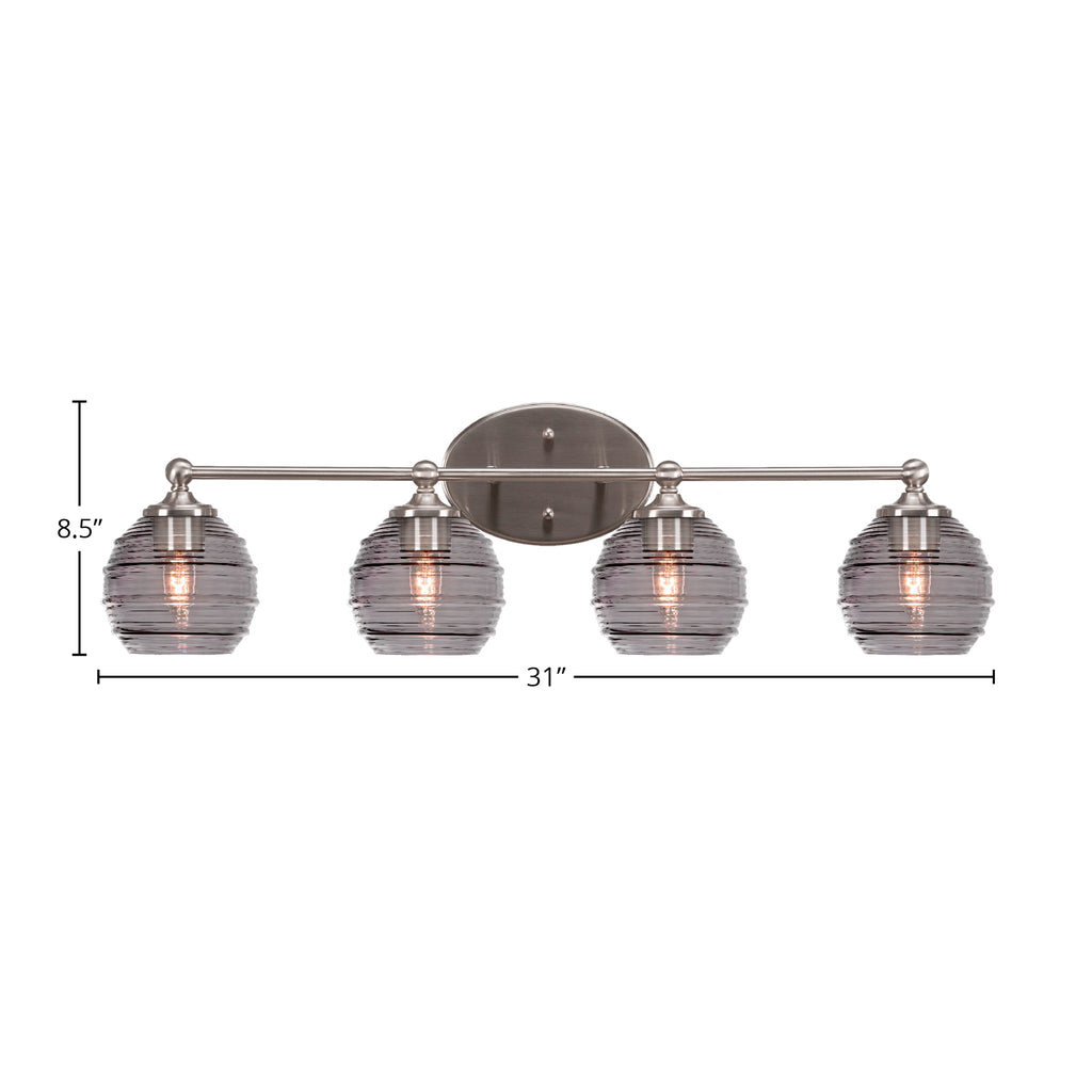 Capri Four Light Bath Bar in Brushed Nickel with 6" Smoke Ribbed Shade