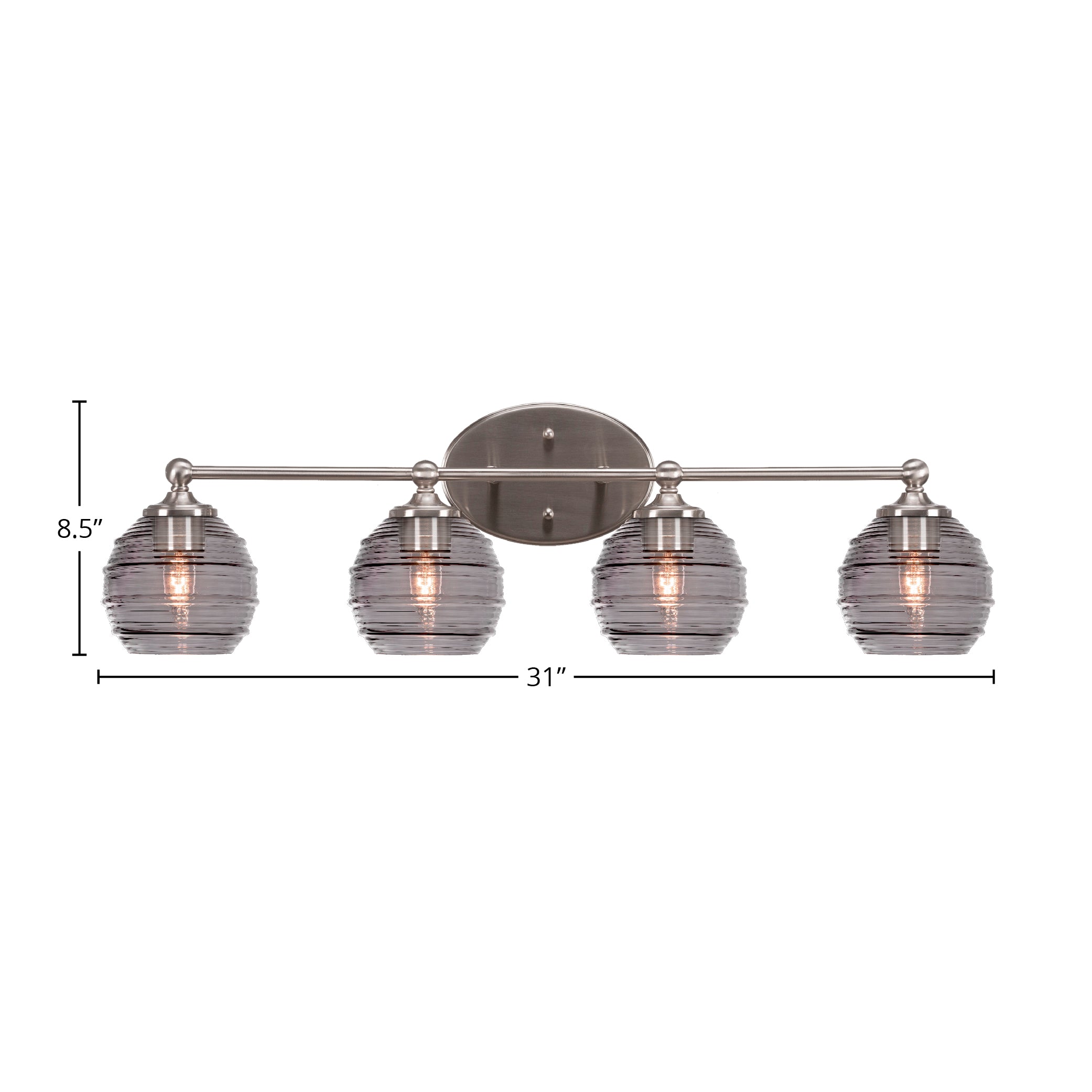 Capri Four Light Bath Bar in Brushed Nickel with 6" Smoke Ribbed Shade