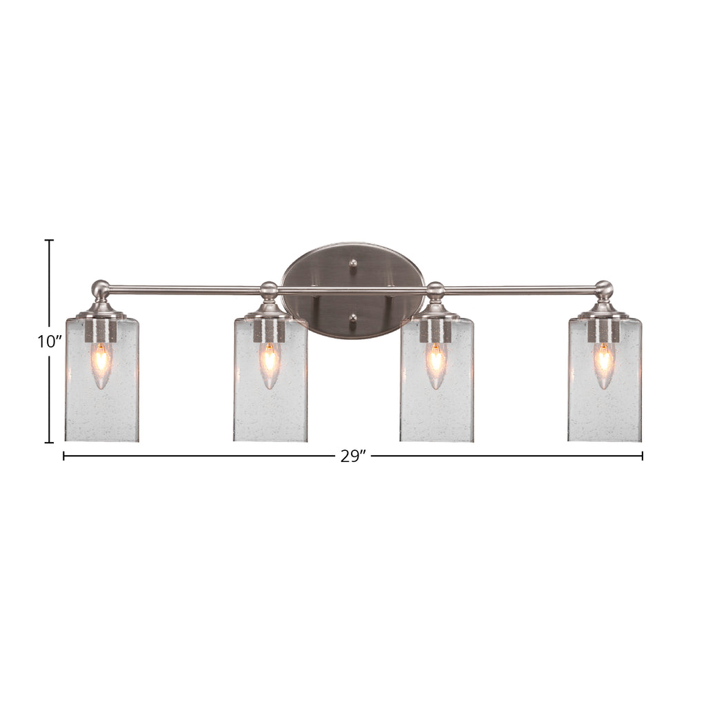Capri Four Light Bath Bar in Brushed Nickel with 4" Square Clear Bubble Shade