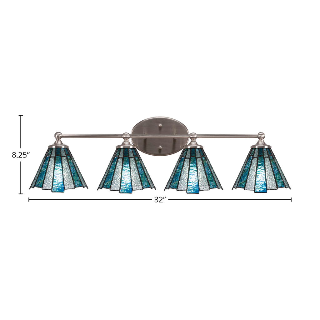 Capri Four Light Bath Bar in Brushed Nickel with 7" Sea Ice Art Glass Shade