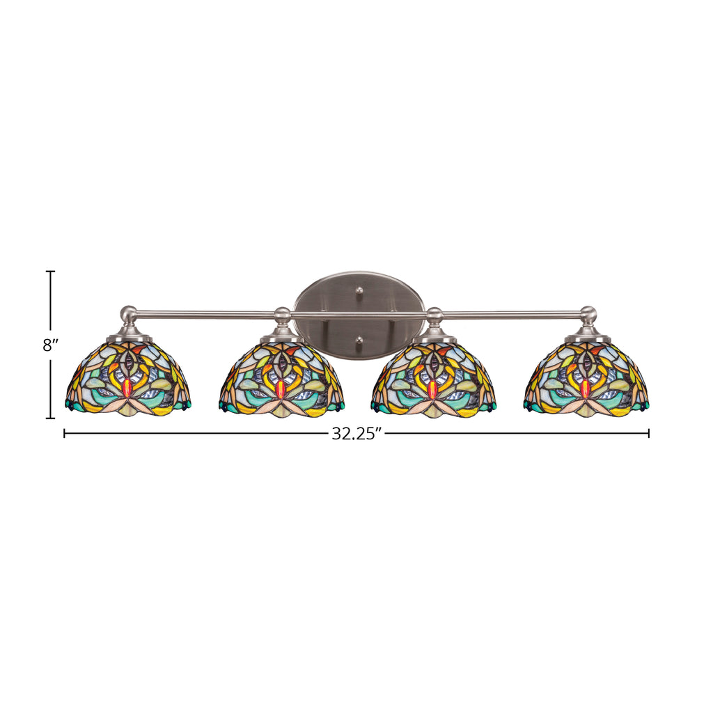 Capri Four Light Bath Bar in Brushed Nickel with 7" Kaleidoscope Art Glass Shade
