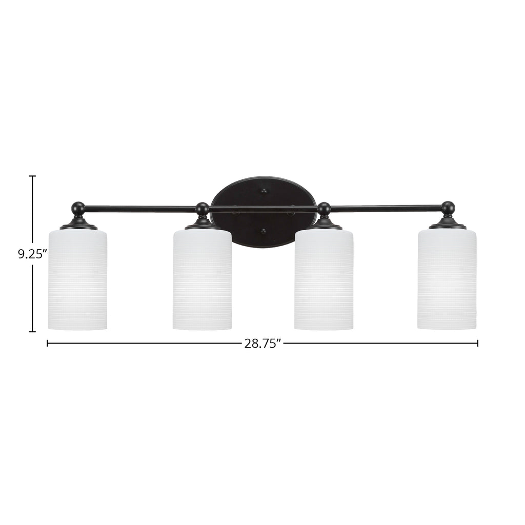 Capri Four Light Bath Bar in Matte Black with 4" White Matrix Shade
