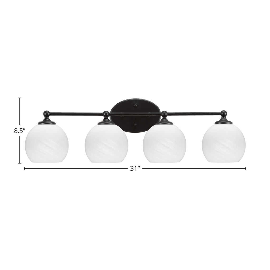 Capri Four Light Bath Bar in Matte Black with 5.75" White Marble Shade