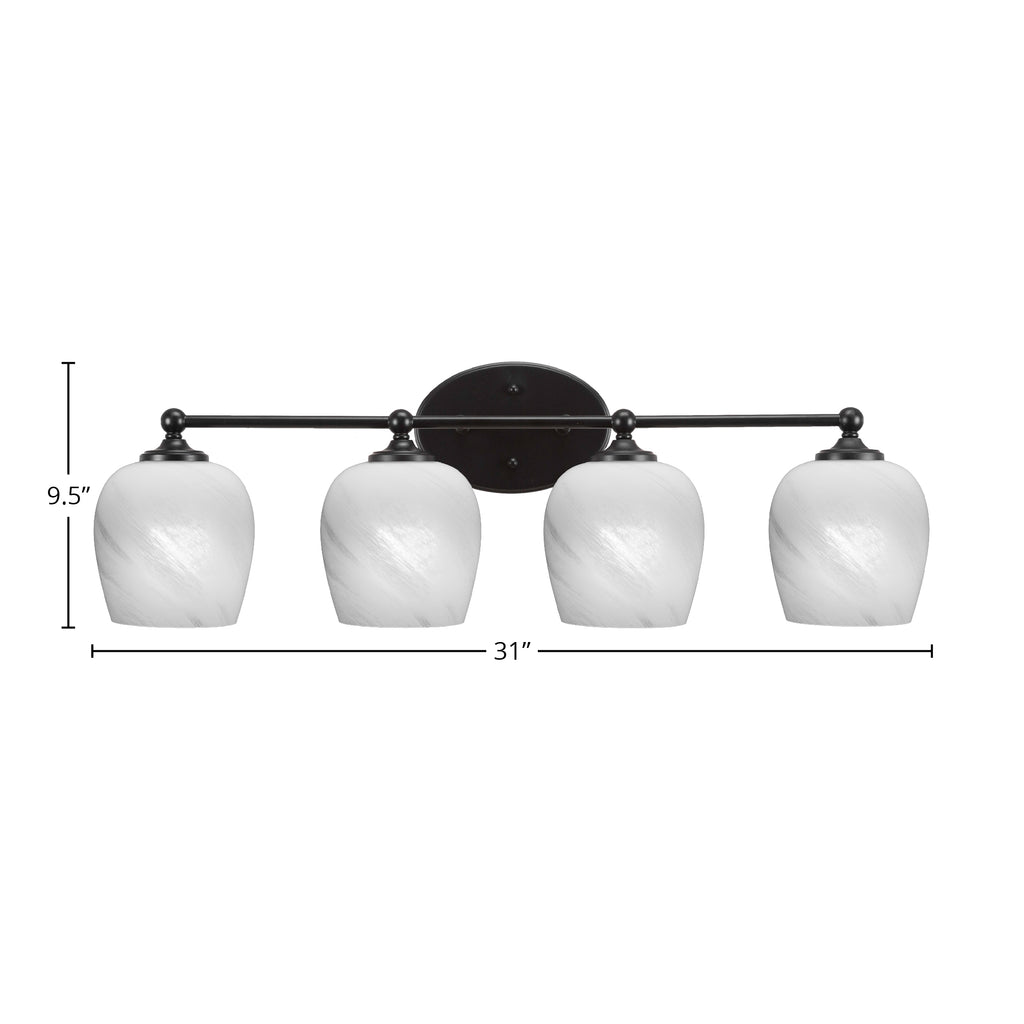 Capri Four Light Bath Bar in Matte Black with 6" White Marble Shade