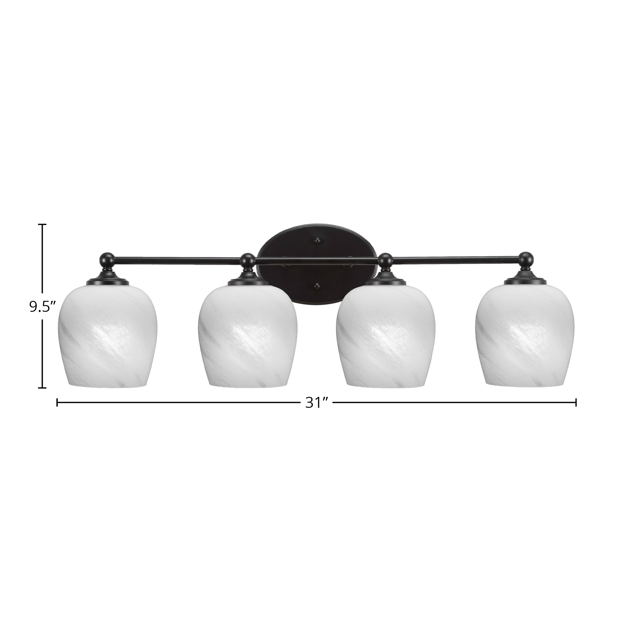 Capri Four Light Bath Bar in Matte Black with 6" White Marble Shade
