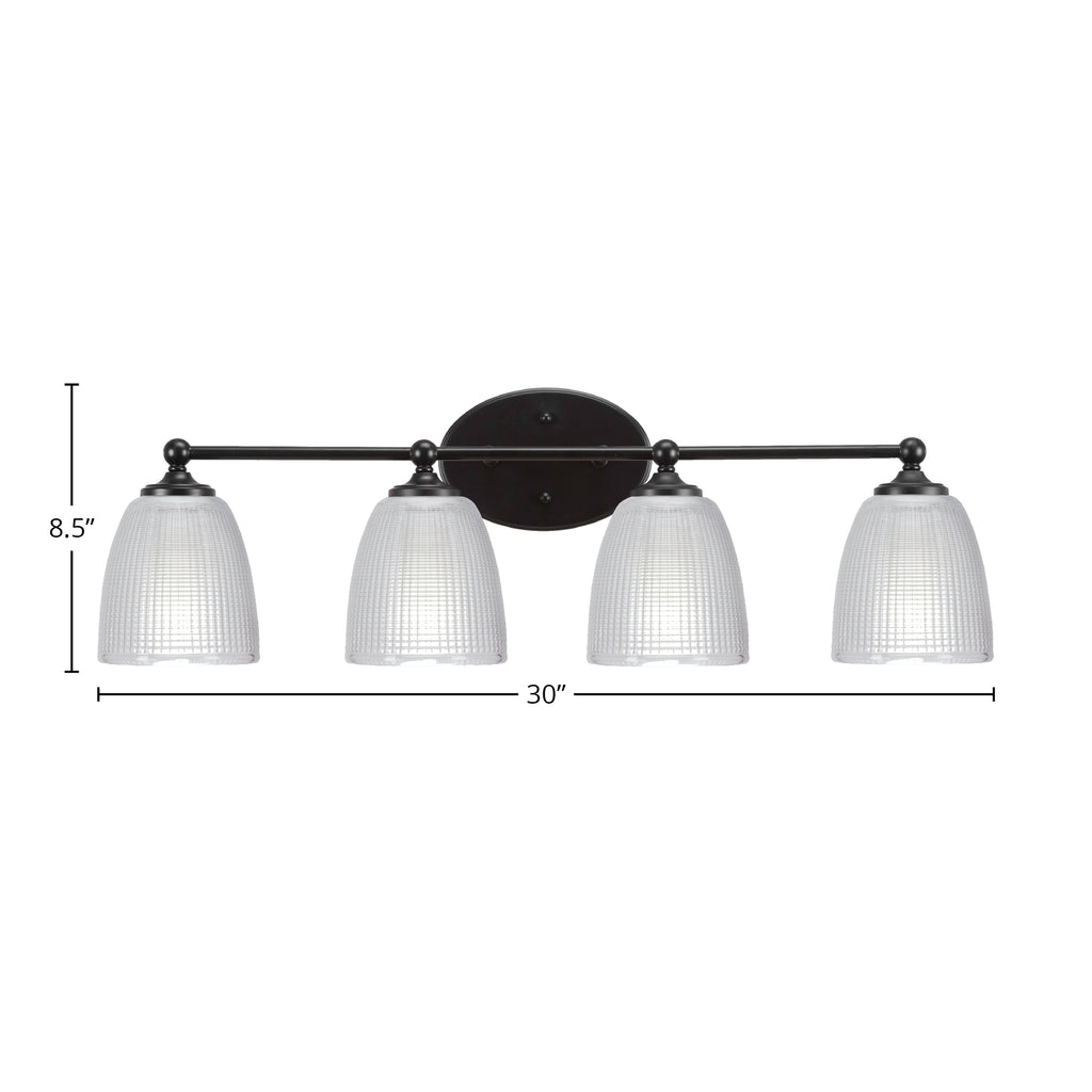 Capri Four Light Bath Bar in Matte Black with 5" Clear Ribbed Shade