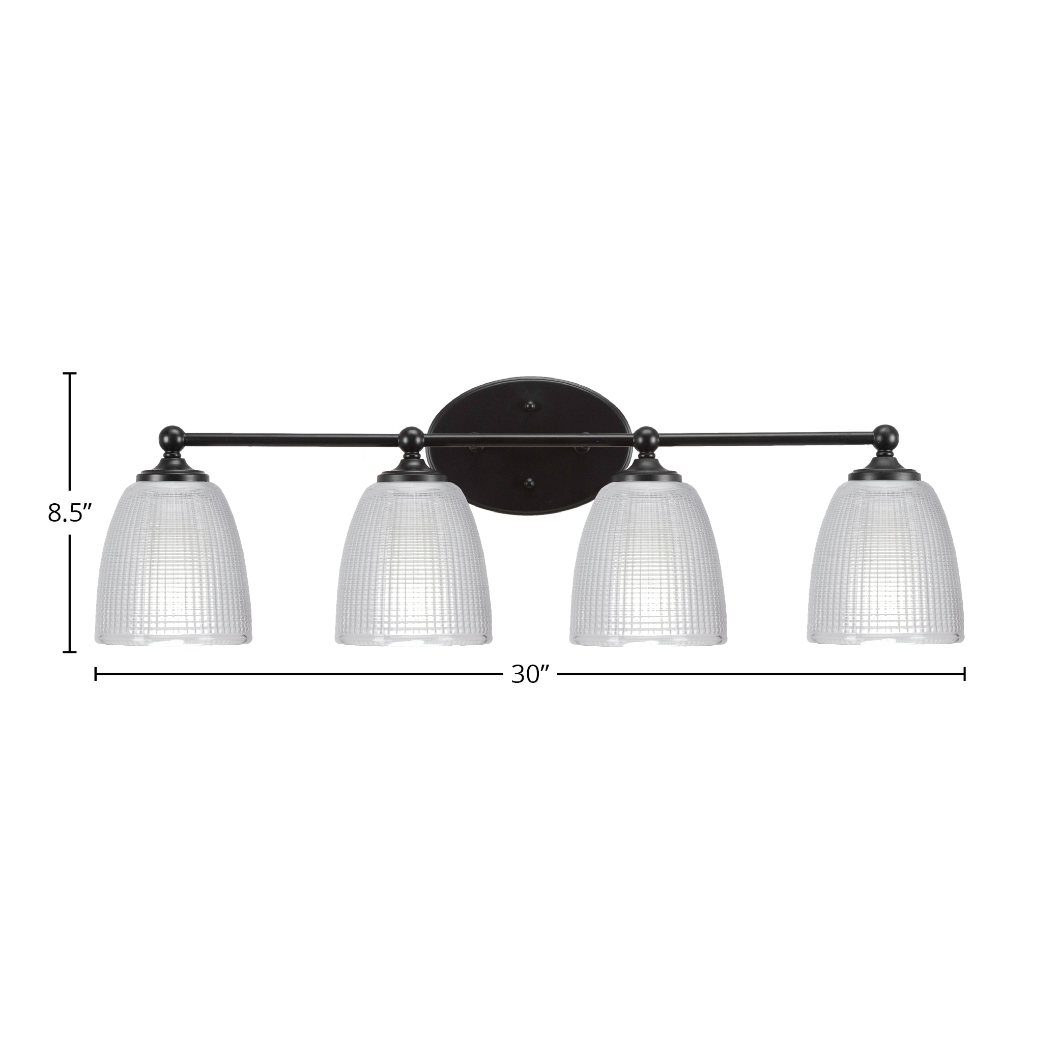 Capri Four Light Bath Bar in Matte Black with 5" Clear Ribbed Shade