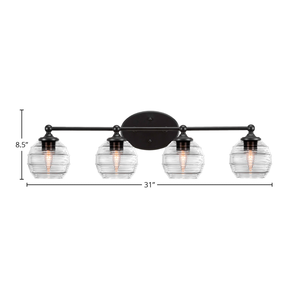 Capri Four Light Bath Bar in Matte Black with 6" Clear Ribbed Shade