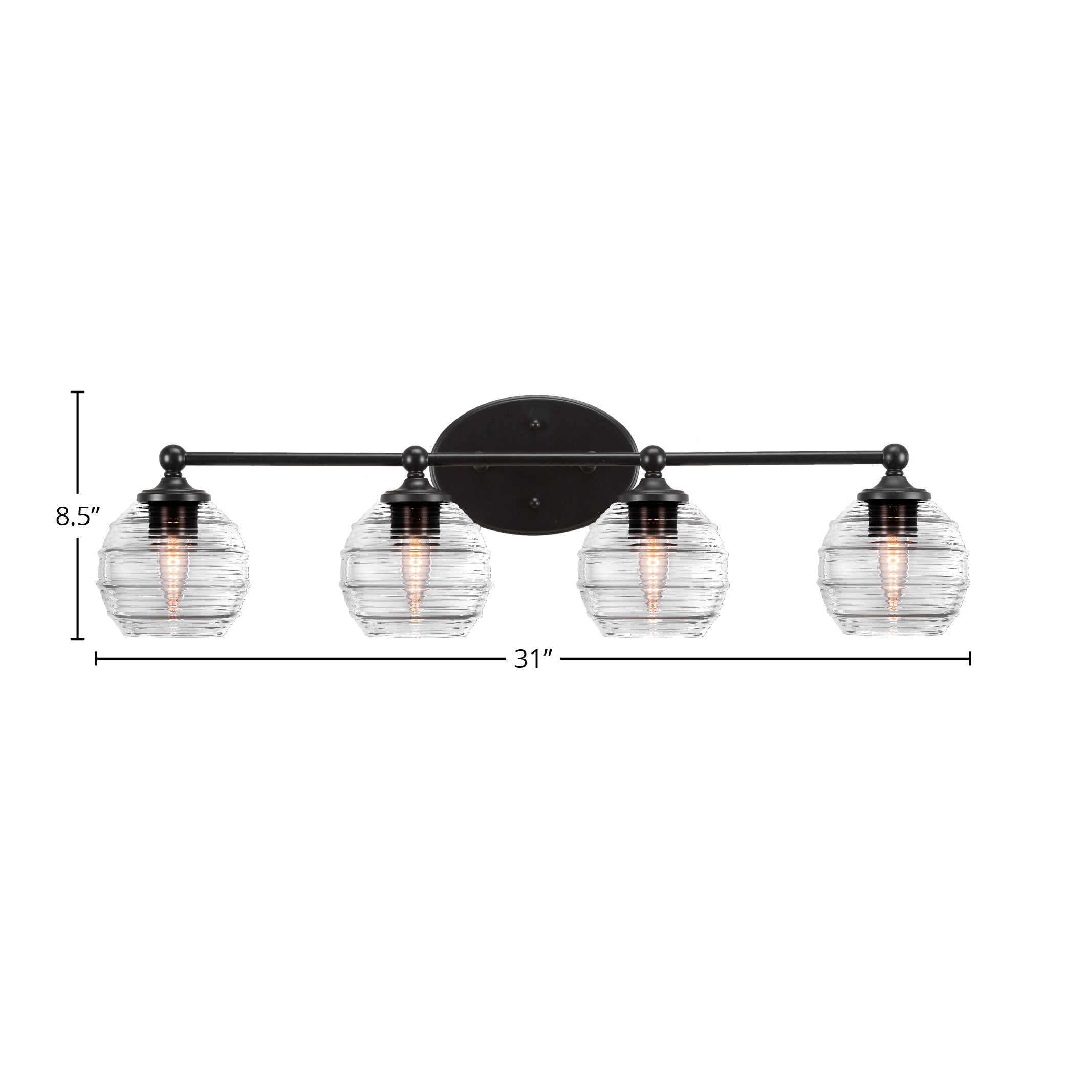 Capri Four Light Bath Bar in Matte Black with 6" Clear Ribbed Shade