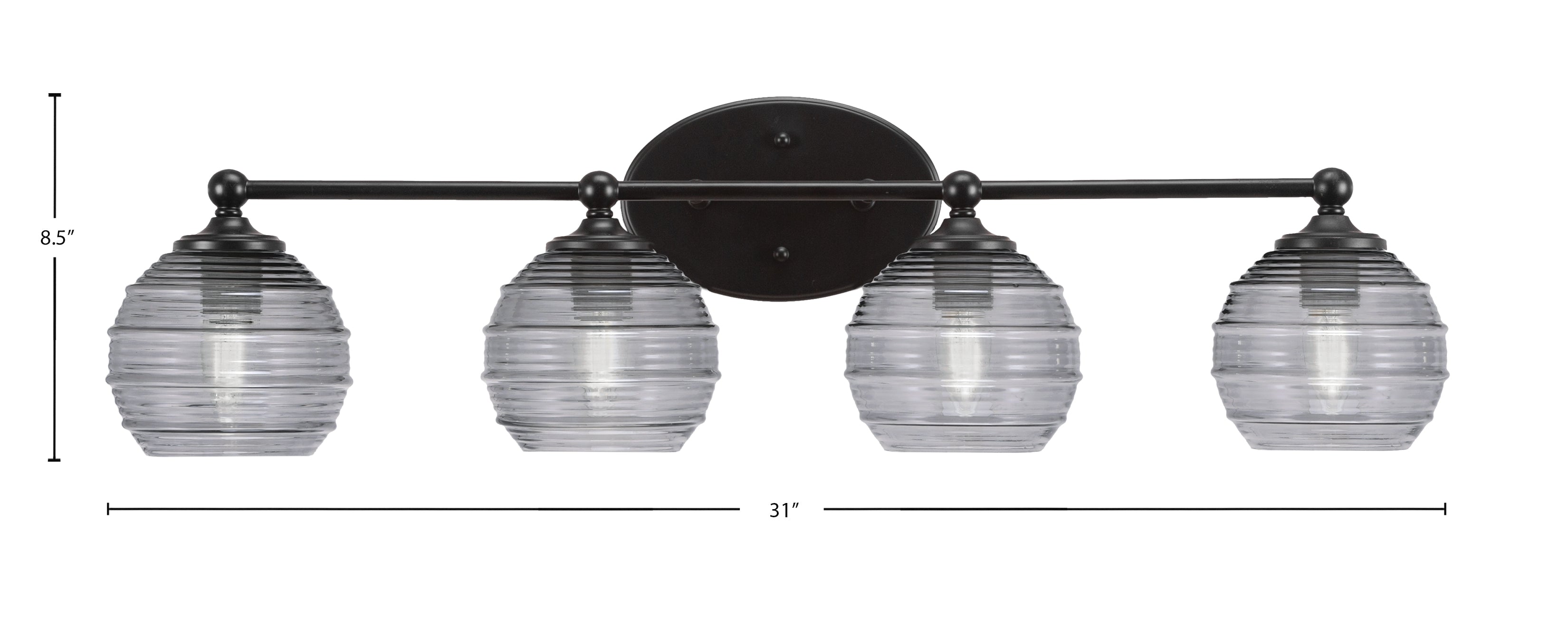 Capri Four Light Bath Bar in Matte Black with 6" Smoke Ribbed Shade