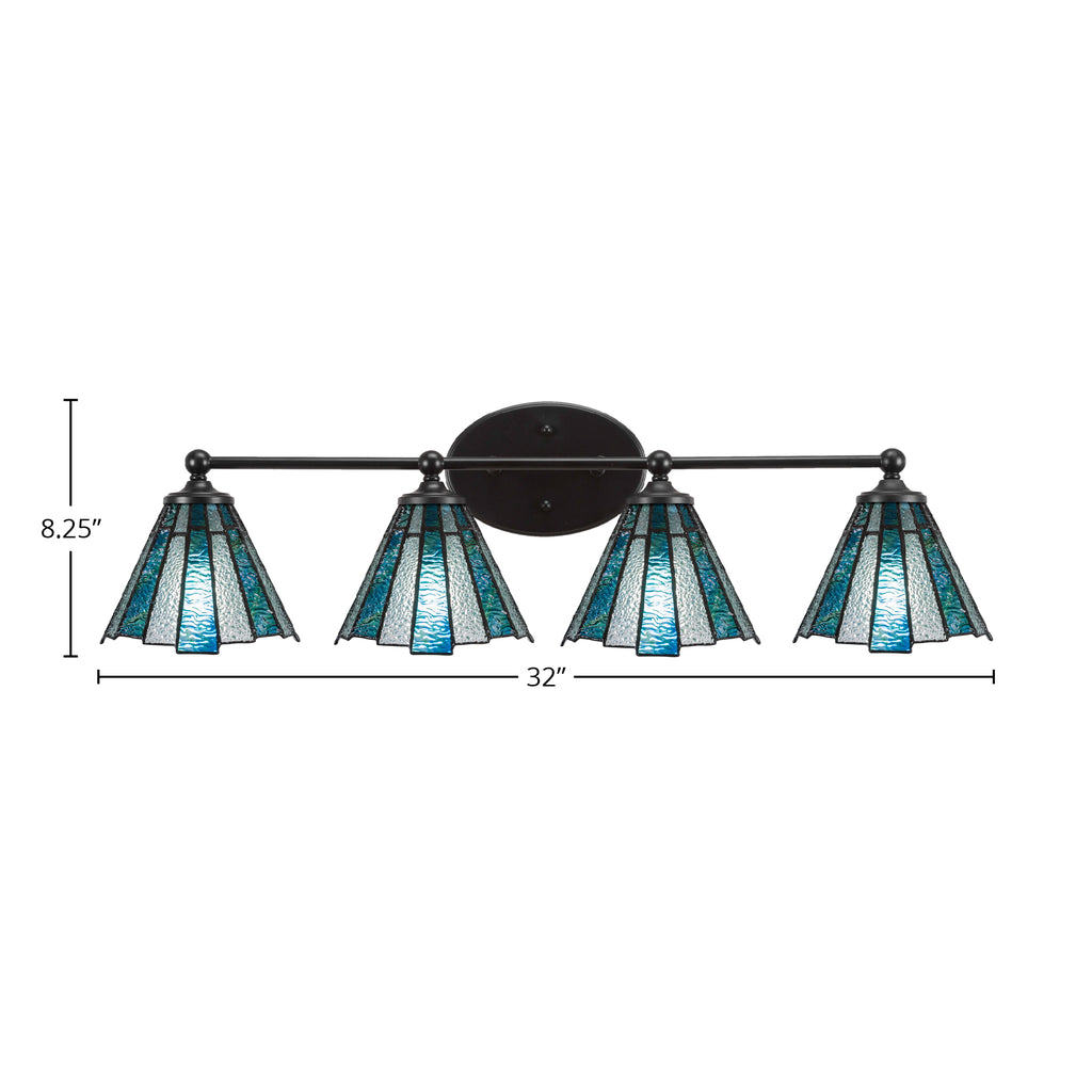 Capri Four Light Bath Bar in Matte Black with 7" Sea Ice Art Glass Shade
