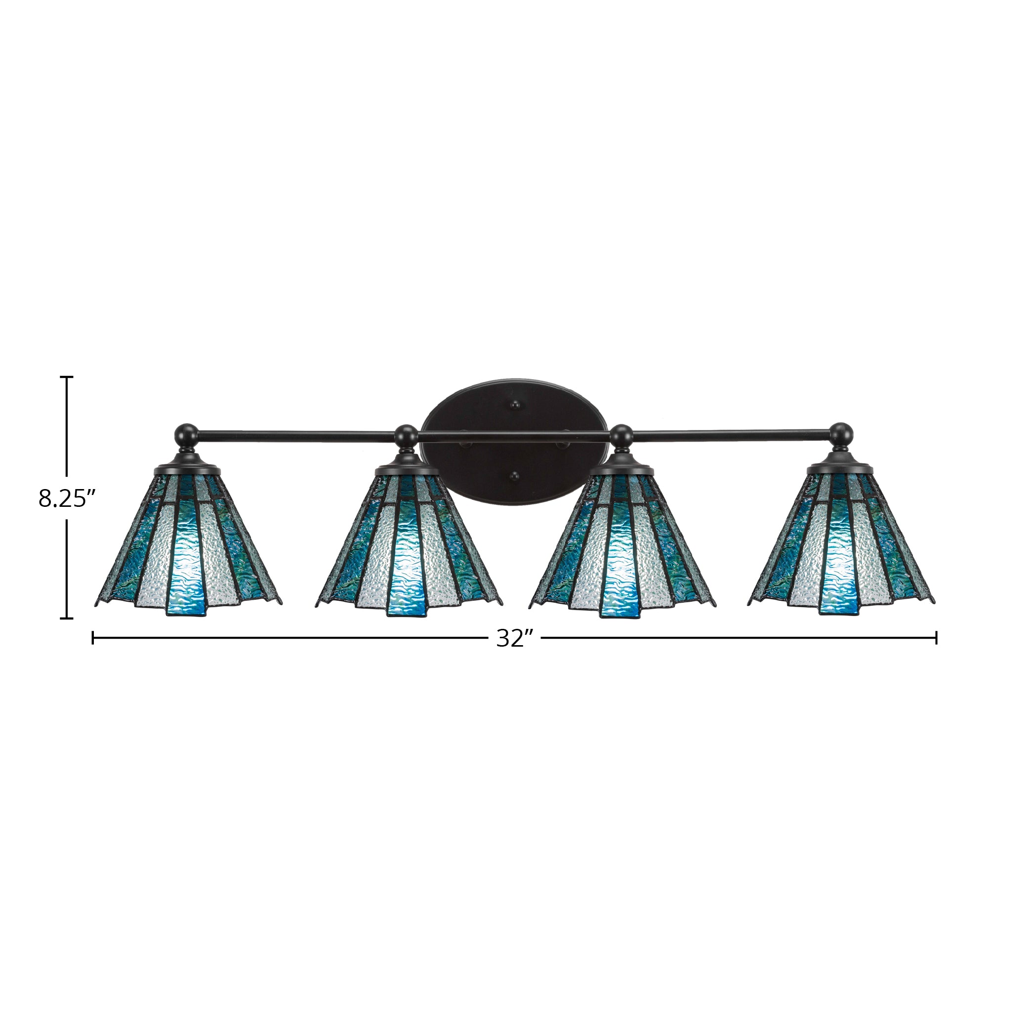 Capri Four Light Bath Bar in Matte Black with 7" Sea Ice Art Glass Shade