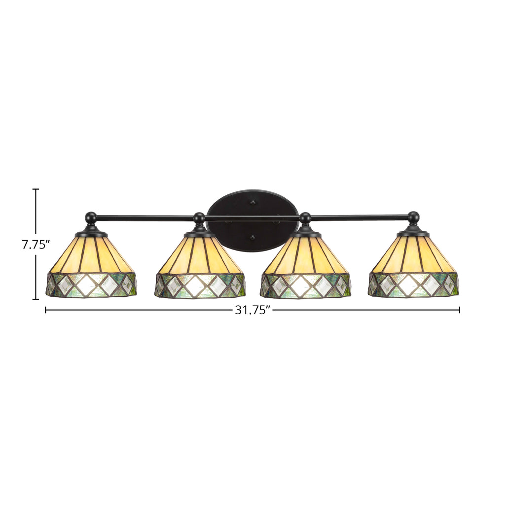 Capri Four Light Bath Bar in Matte Black with 7" Diamond Peak Art Glass Shade