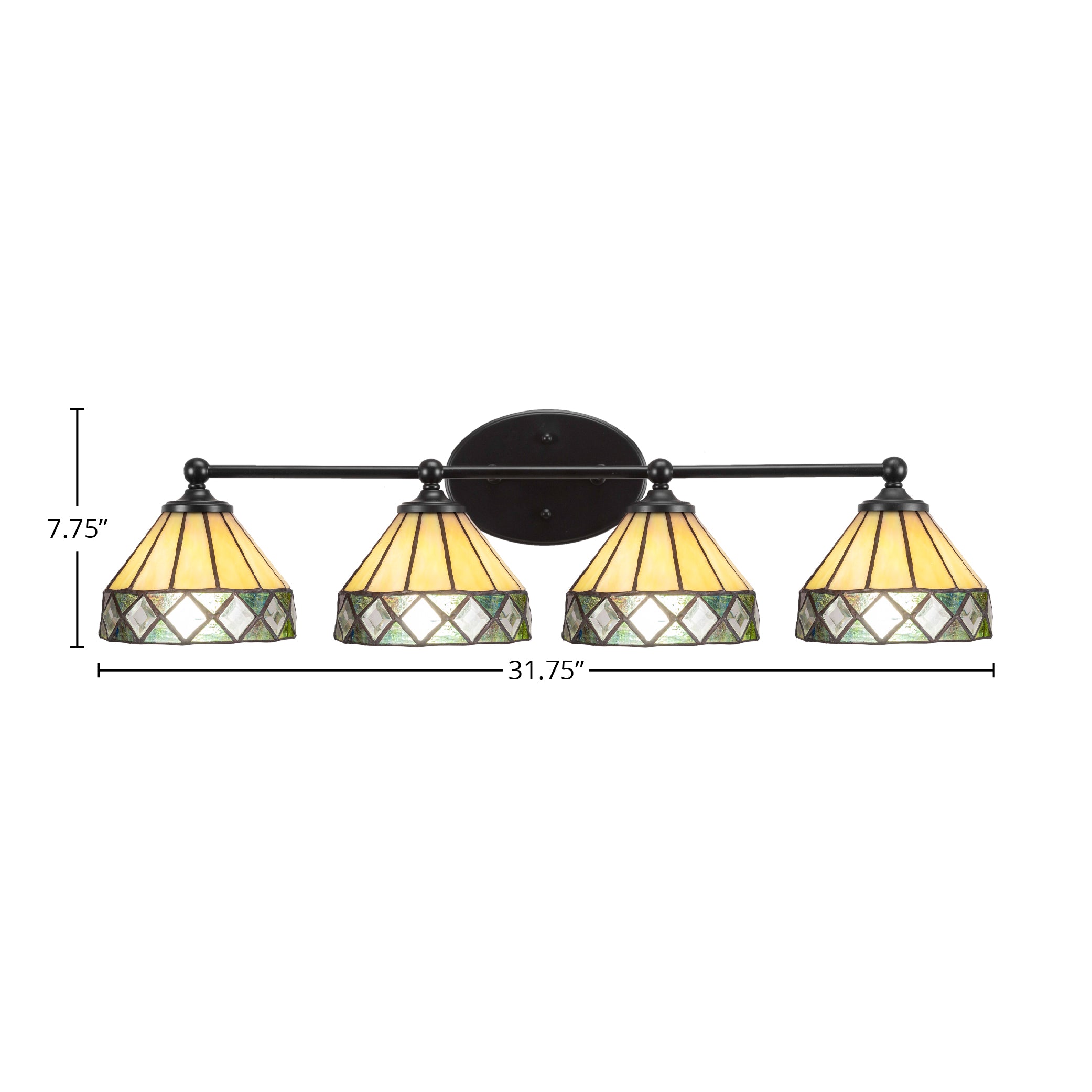 Capri Four Light Bath Bar in Matte Black with 7" Diamond Peak Art Glass Shade