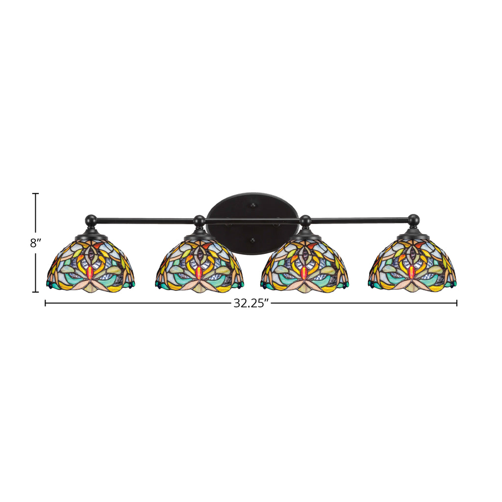 Capri Four Light Bath Bar in Matte Black with 7" Kaleidoscope Art Glass Shade